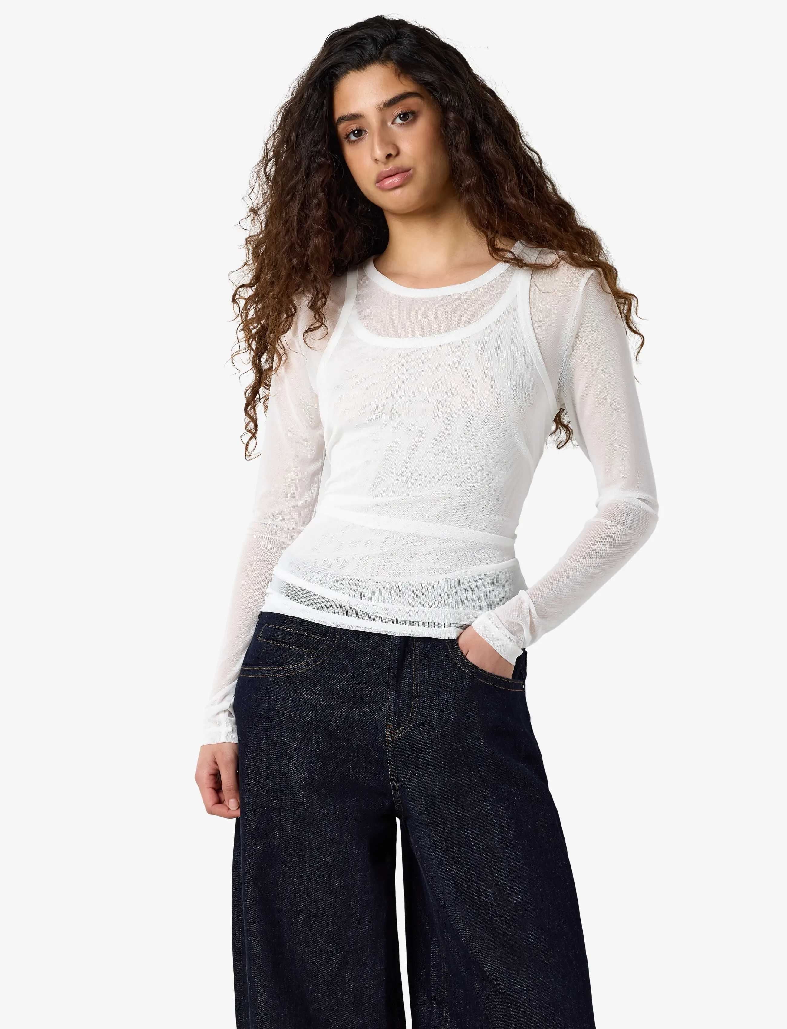 NOISY MAY NMJUDITH L/S DOUBLELAYER MESH TOP TNT/14 - Langærmede toppe - BRIGHT WHITE / white