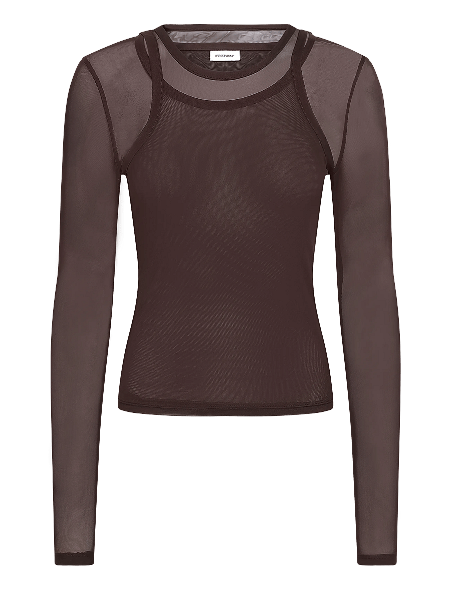 NOISY MAY - NMJUDITH L/S DOUBLELAYER MESH TOP TNT/14 - langærmede toppe - chocolate brown - 1