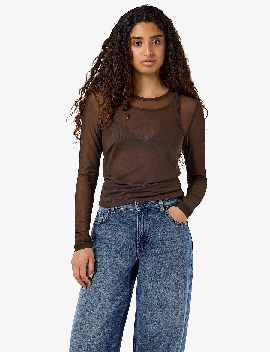 NOISY MAY - NMJUDITH L/S DOUBLELAYER MESH TOP TNT/14 - langærmede toppe - chocolate brown - 0