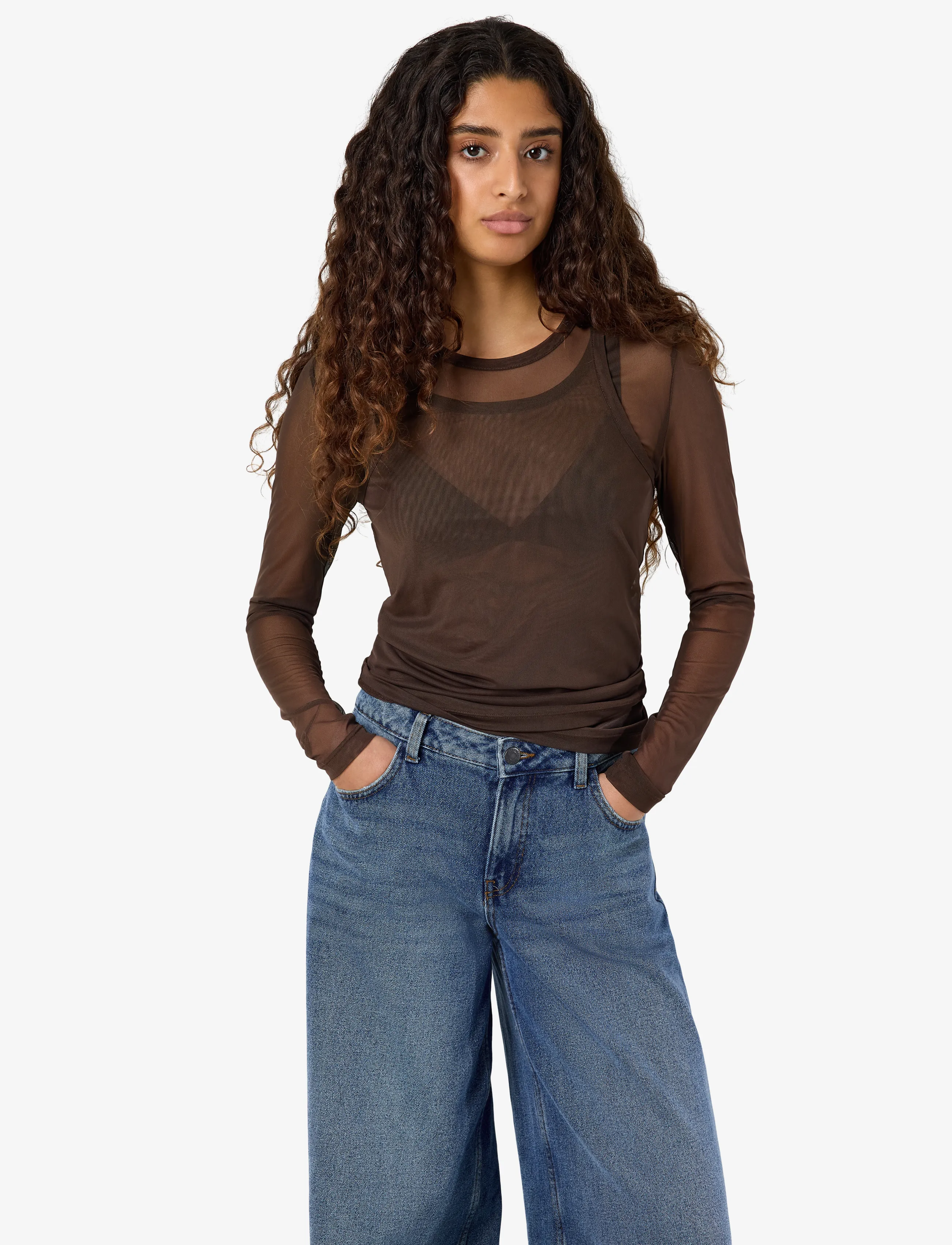 NOISY MAY - NMJUDITH L/S DOUBLELAYER MESH TOP TNT/14 - chocolate brown - 5