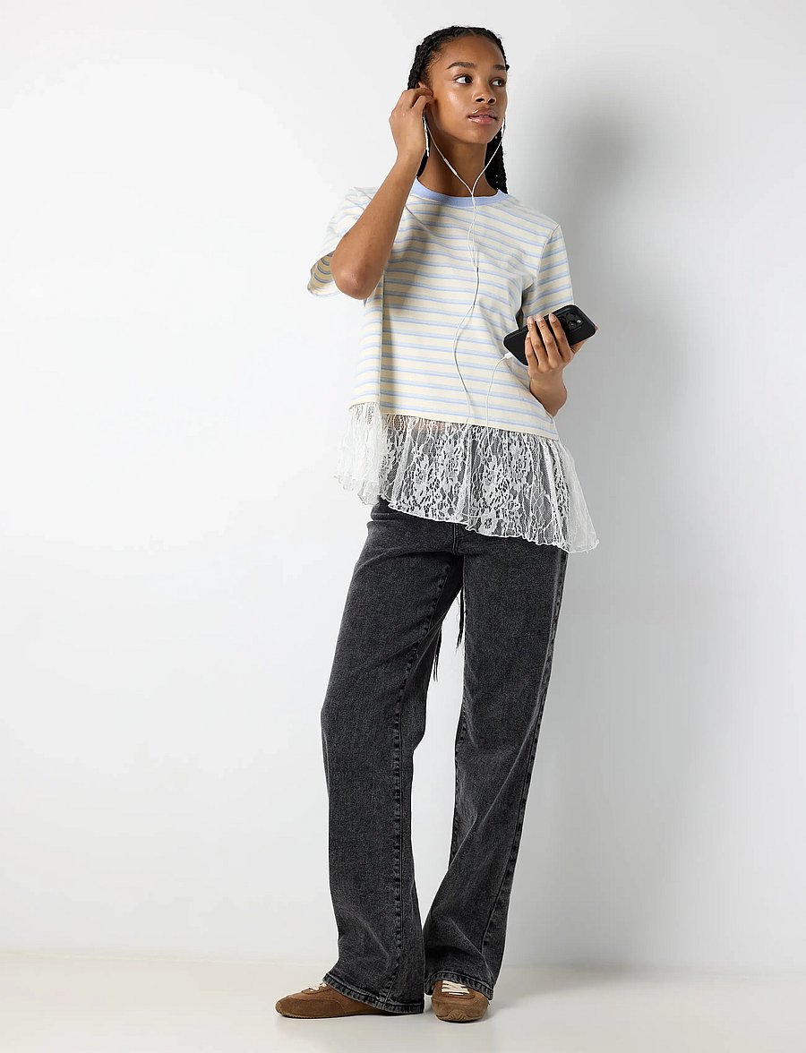 NOISY MAY - NMEMBER SS STRIPE LACE TOP - t-shirts - birch - 0