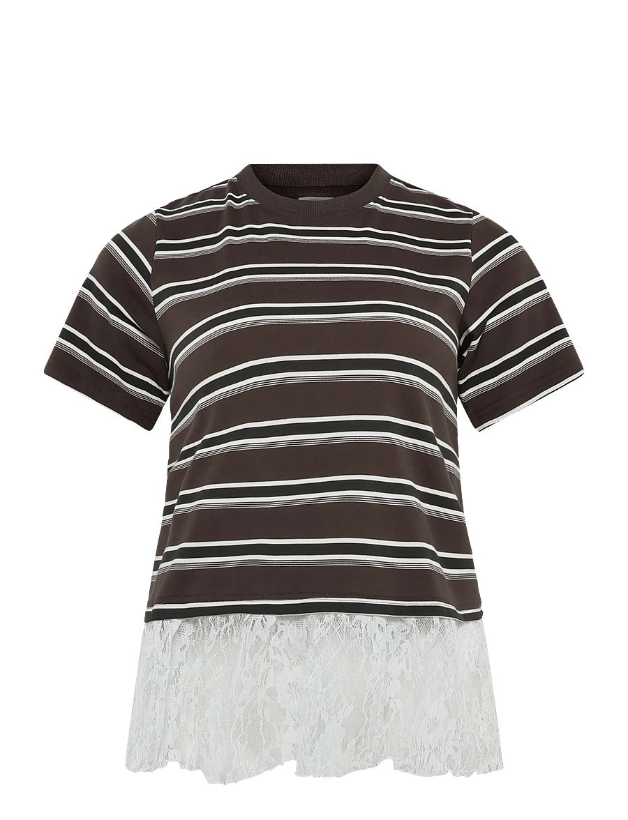 NOISY MAY - NMEMBER SS STRIPE LACE TOP - t-shirts - chocolate brown - 1