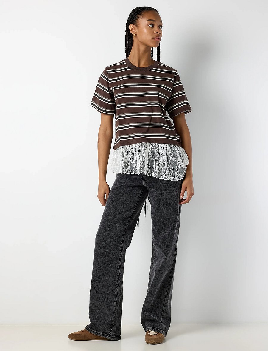 NOISY MAY - NMEMBER SS STRIPE LACE TOP - t-shirts - chocolate brown - 0