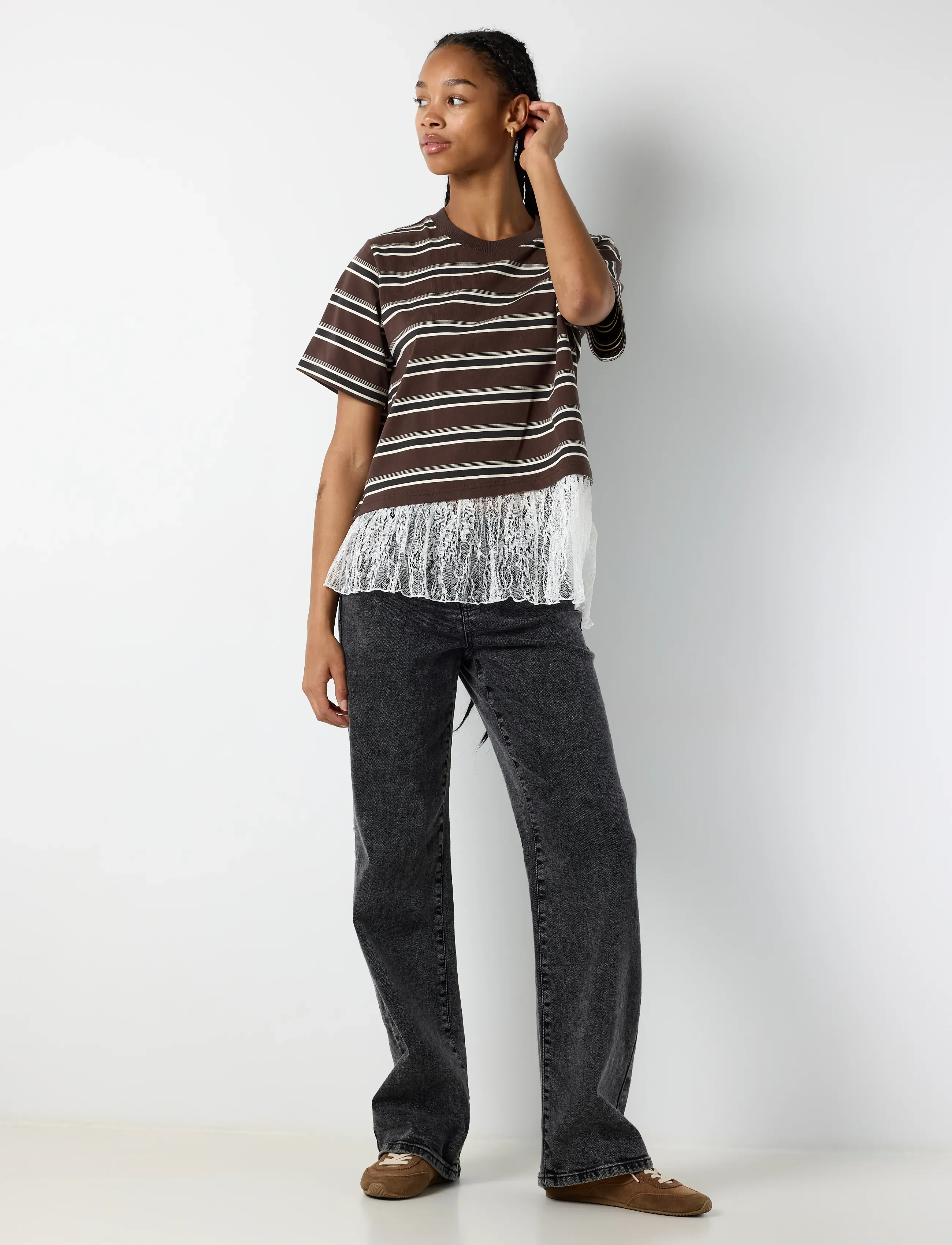 NOISY MAY - NMEMBER SS STRIPE LACE TOP - t-shirts - chocolate brown - 3