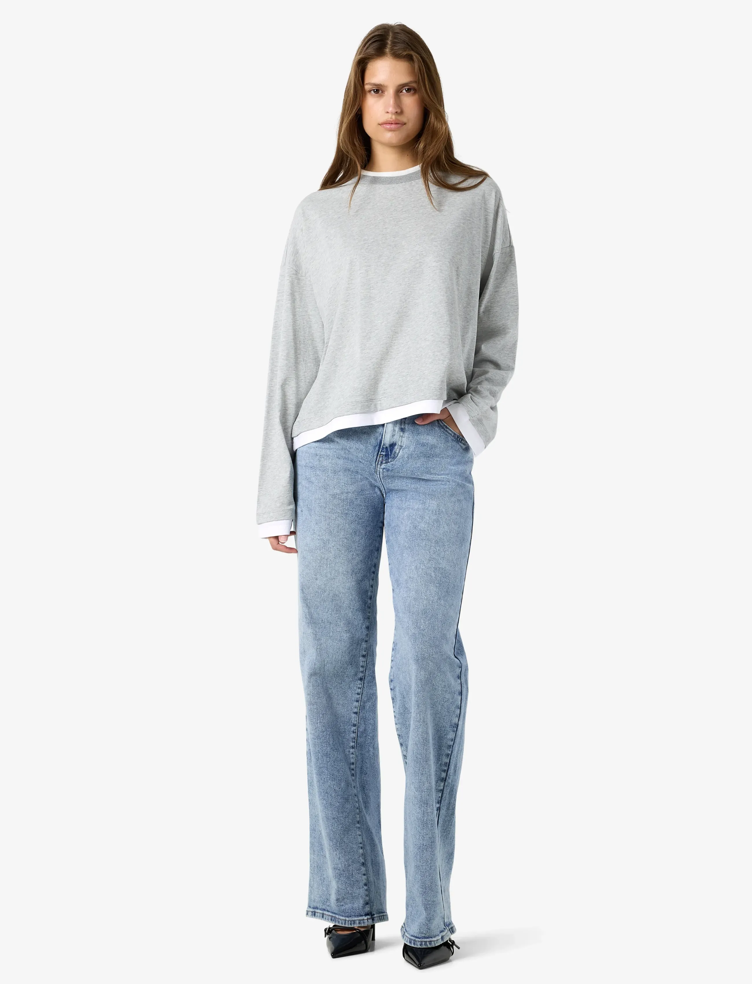 NOISY MAY - NMEMBER L/S DOUBLE LAYER TOP - langærmede bluser - light grey melange - 2