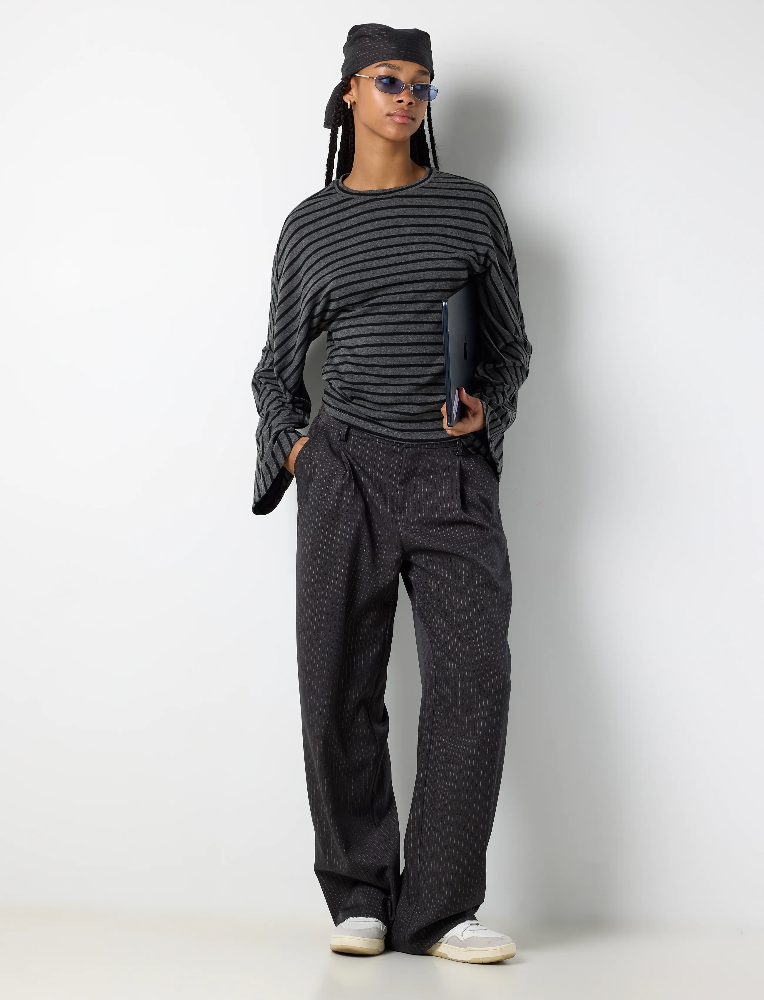 NOISY MAY NMPINE MW PINSTRIPE SCARF PANT TNT/20 - Büromode - CHARCOAL GRAY / grey
