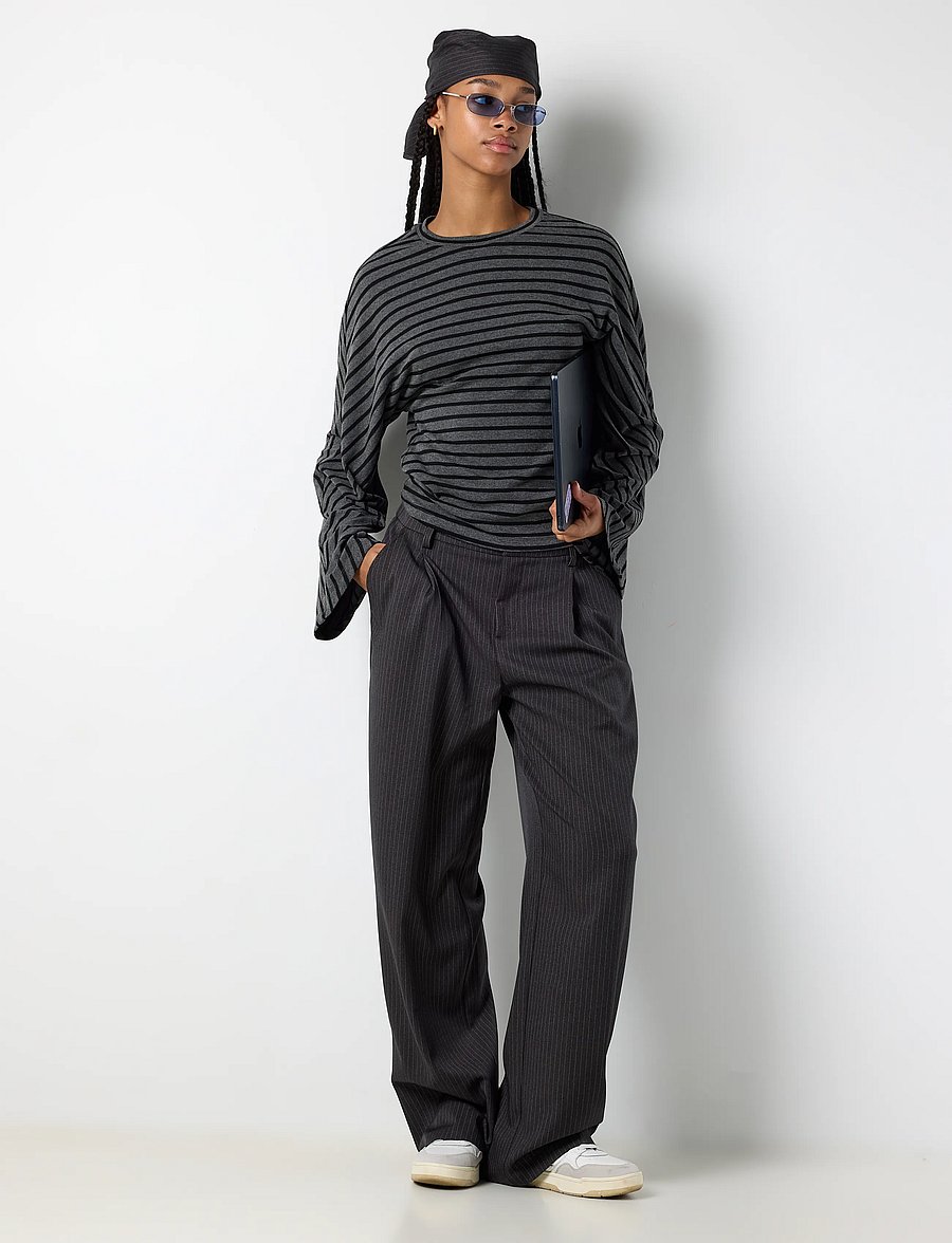 NOISY MAY - NMPINE MW PINSTRIPE SCARF PANT TNT/20 - hosen mit weitem bein - charcoal gray - 0