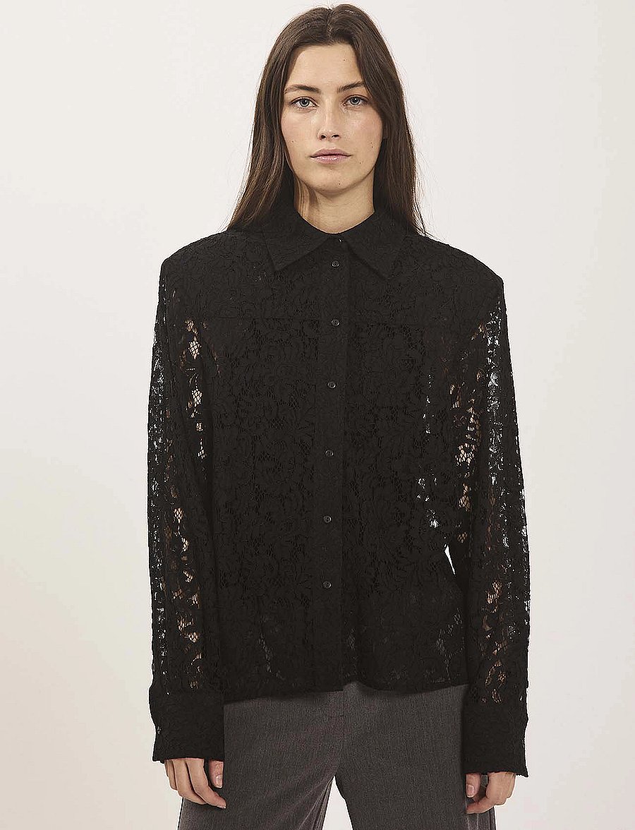 NORR - Sylvina lace shirt - långärmade skjortor - black - 0