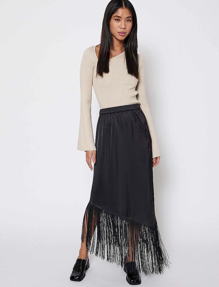 NORR - Gili fringe skirt - satinnederdele - black - 0