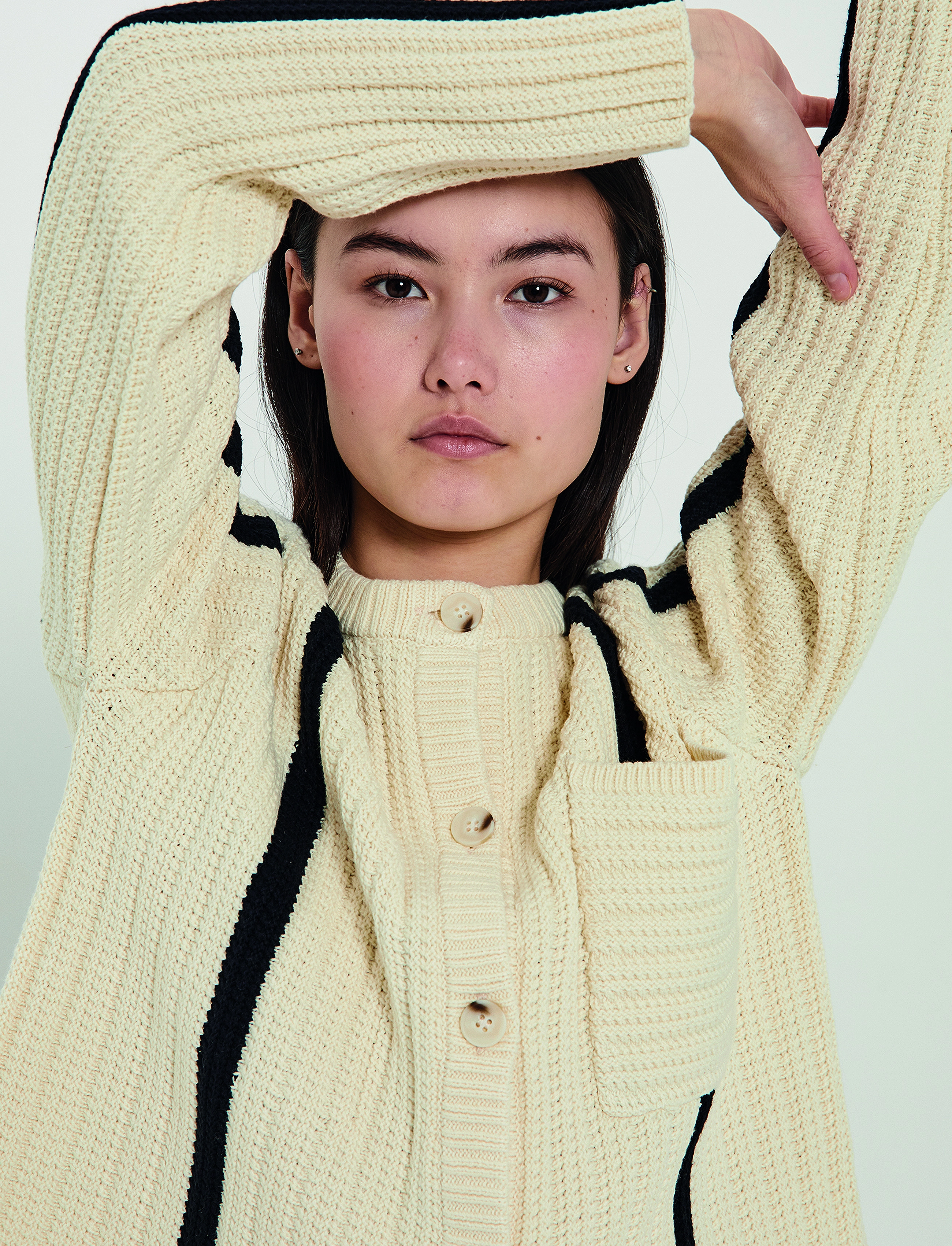 NORR - Stilla blocking knit cardigan - cardigans - off-white w. black detail - 2