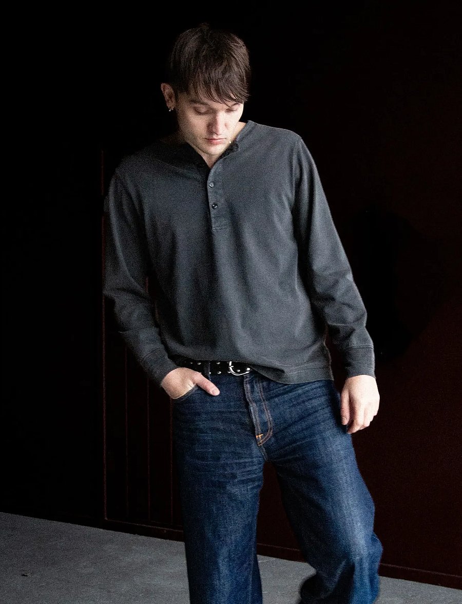 Nudie Jeans - LS Henley Washed Antracite - långärmade t-shirts - antracite - 0