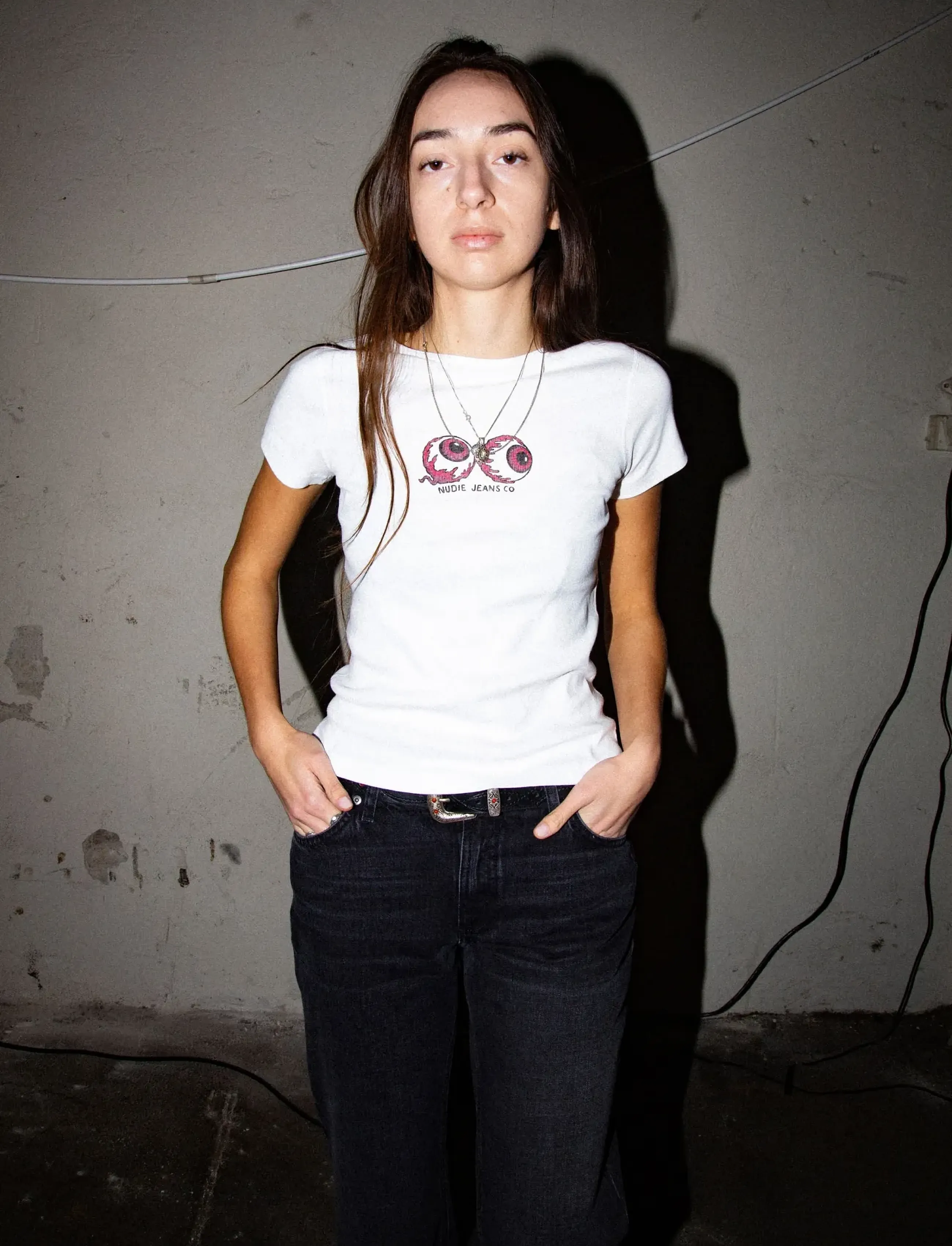 Nudie Jeans Eve T-Shirt Eyeballs Offwhite, M, T-shirts & Oberteile, Weiß - Short-sleeved, Frauen