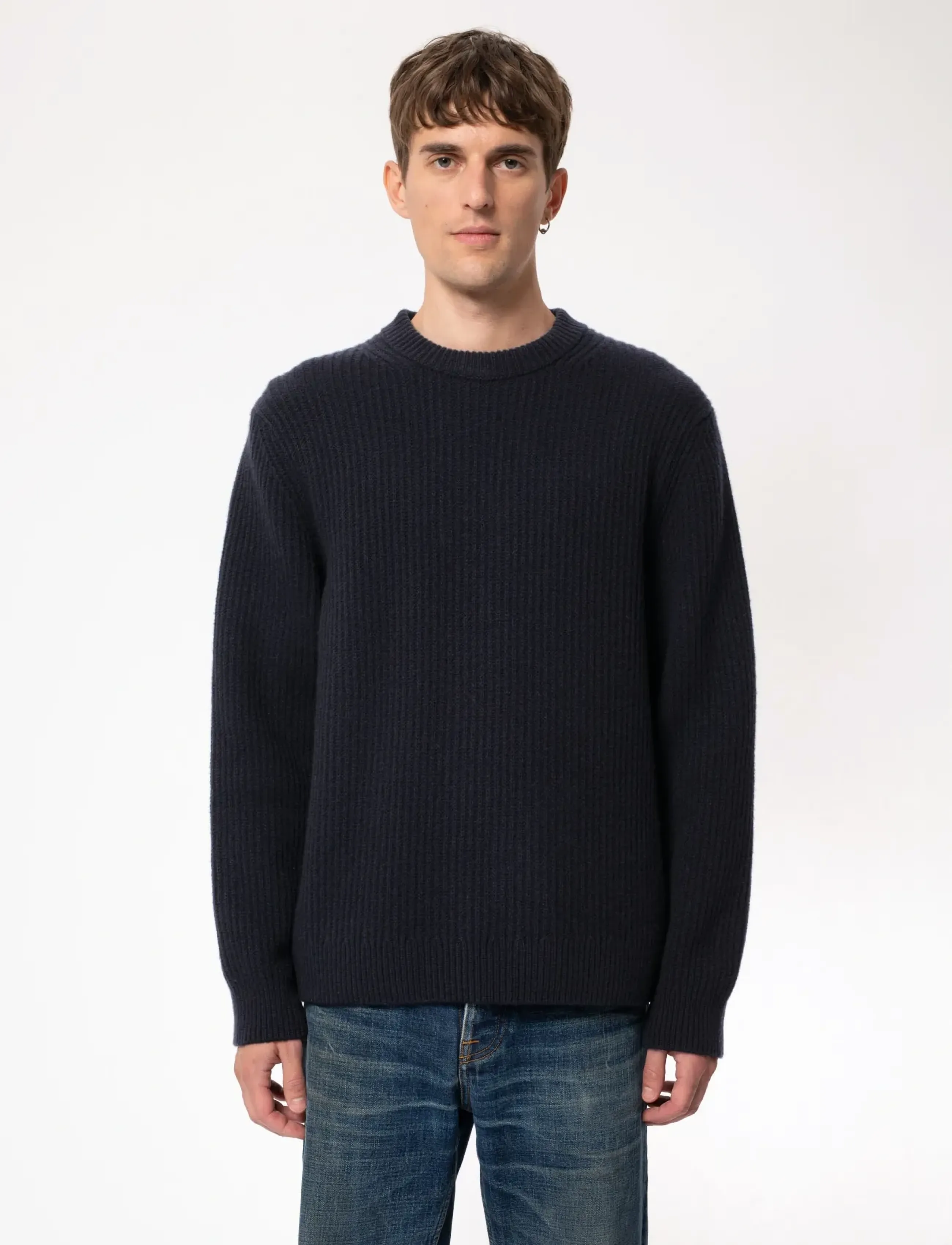 Nudie Jeans August Rib Wool Sweater Navy - Kleidung - NAVY / navy