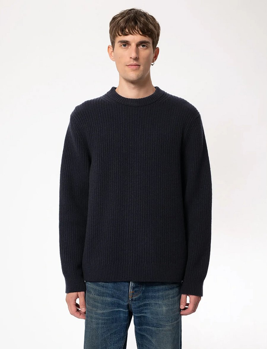 Nudie Jeans - August Rib Wool Sweater Navy - rundhals - navy - 0