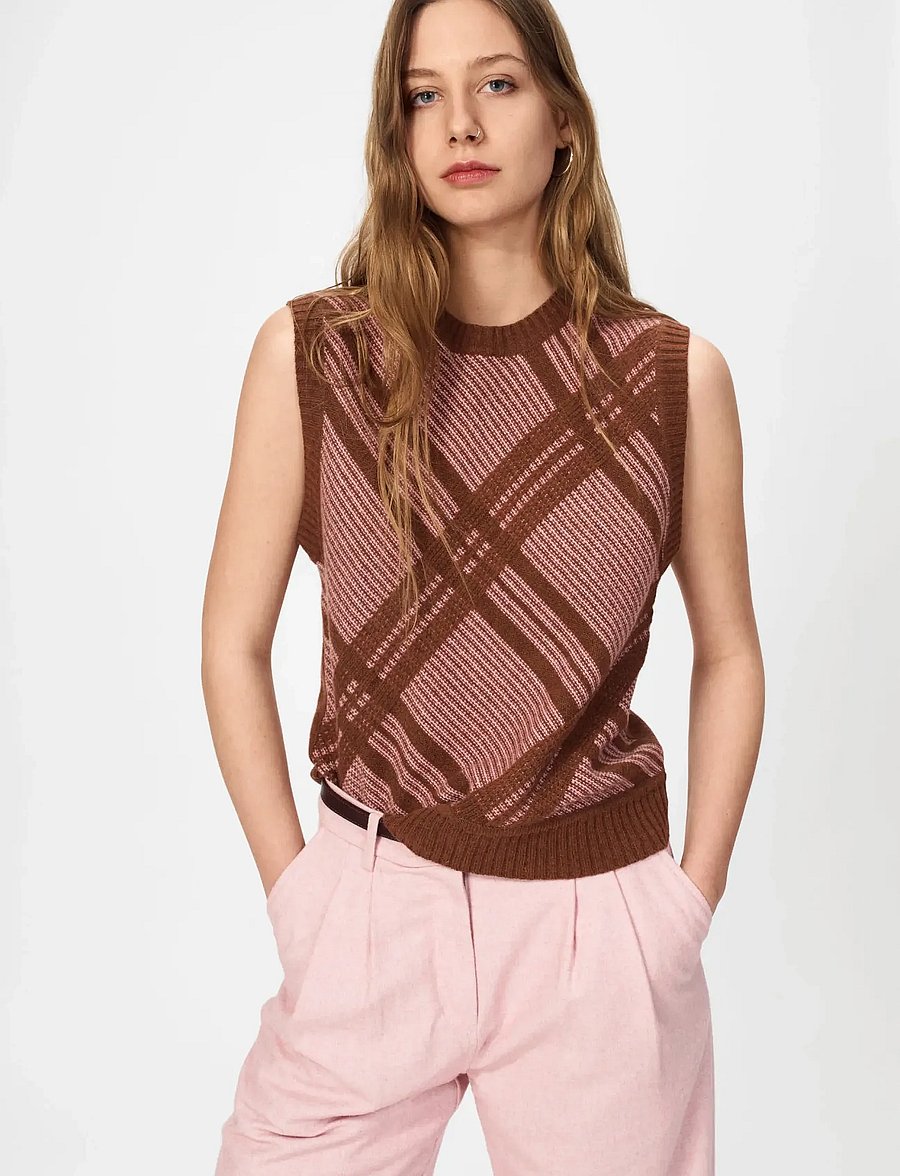 nué notes - Malik Vest - vestes tricot - 914 chestnut pink check - 2