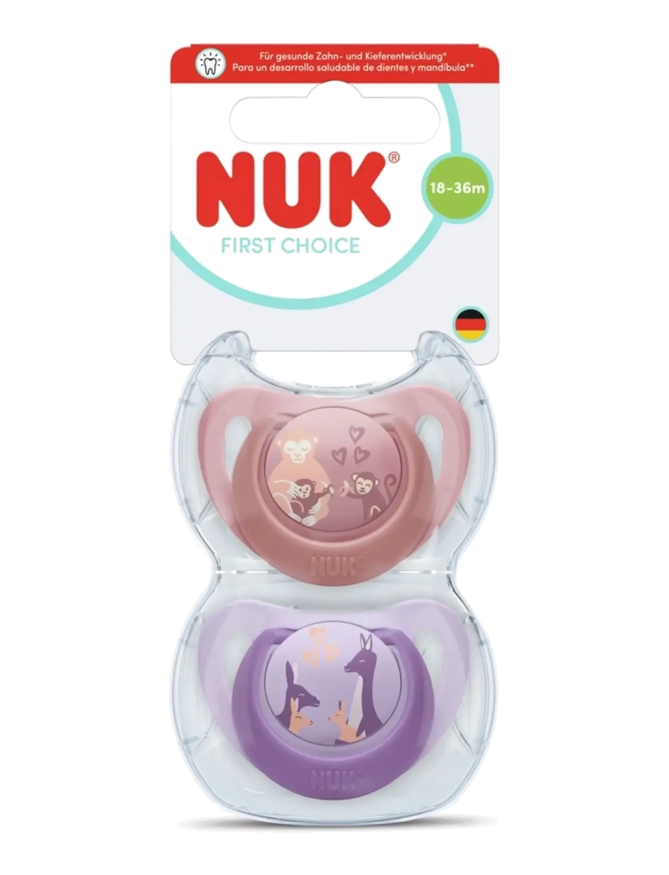 NUK First Choice Monkey/Kangaroo, Size 18-36 Months, Børn, Sut Med Dyremotiv, Lila, Str: 18/36MONTHS