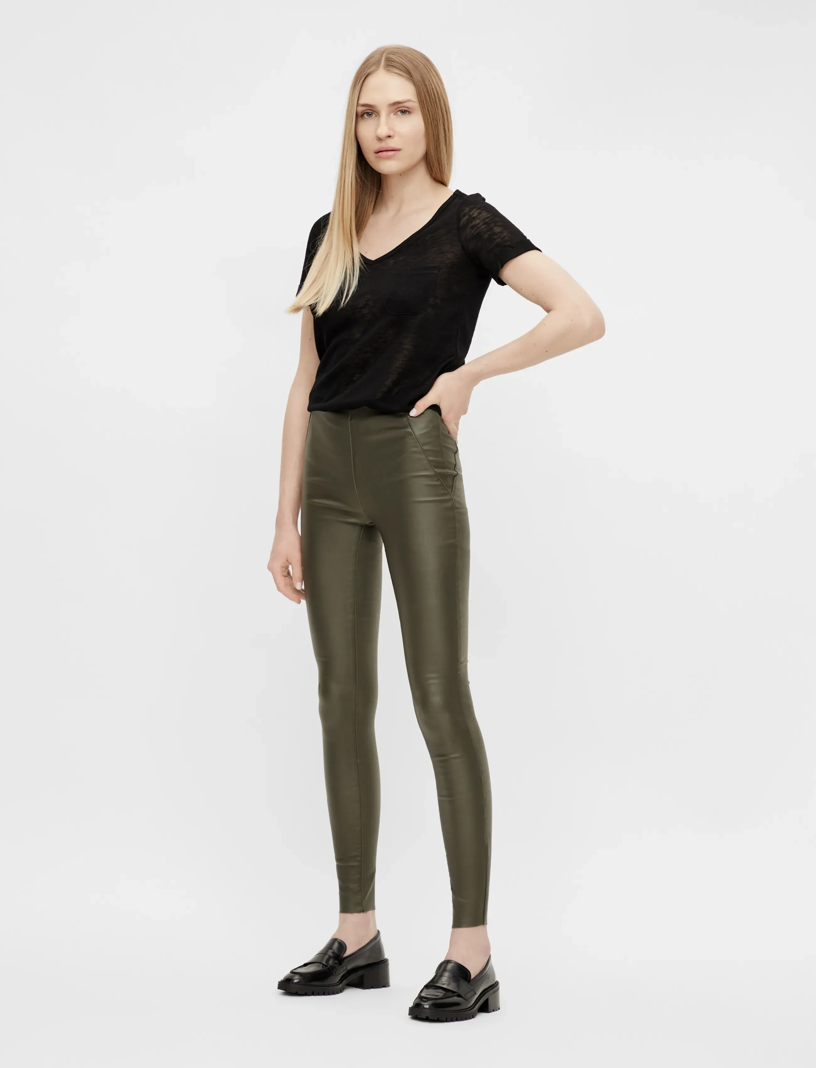 Object Objbelle Mw Coated Leggings Noos, 36, Trousers, Khakigrün - Leather Leggings-trousers, Frauen