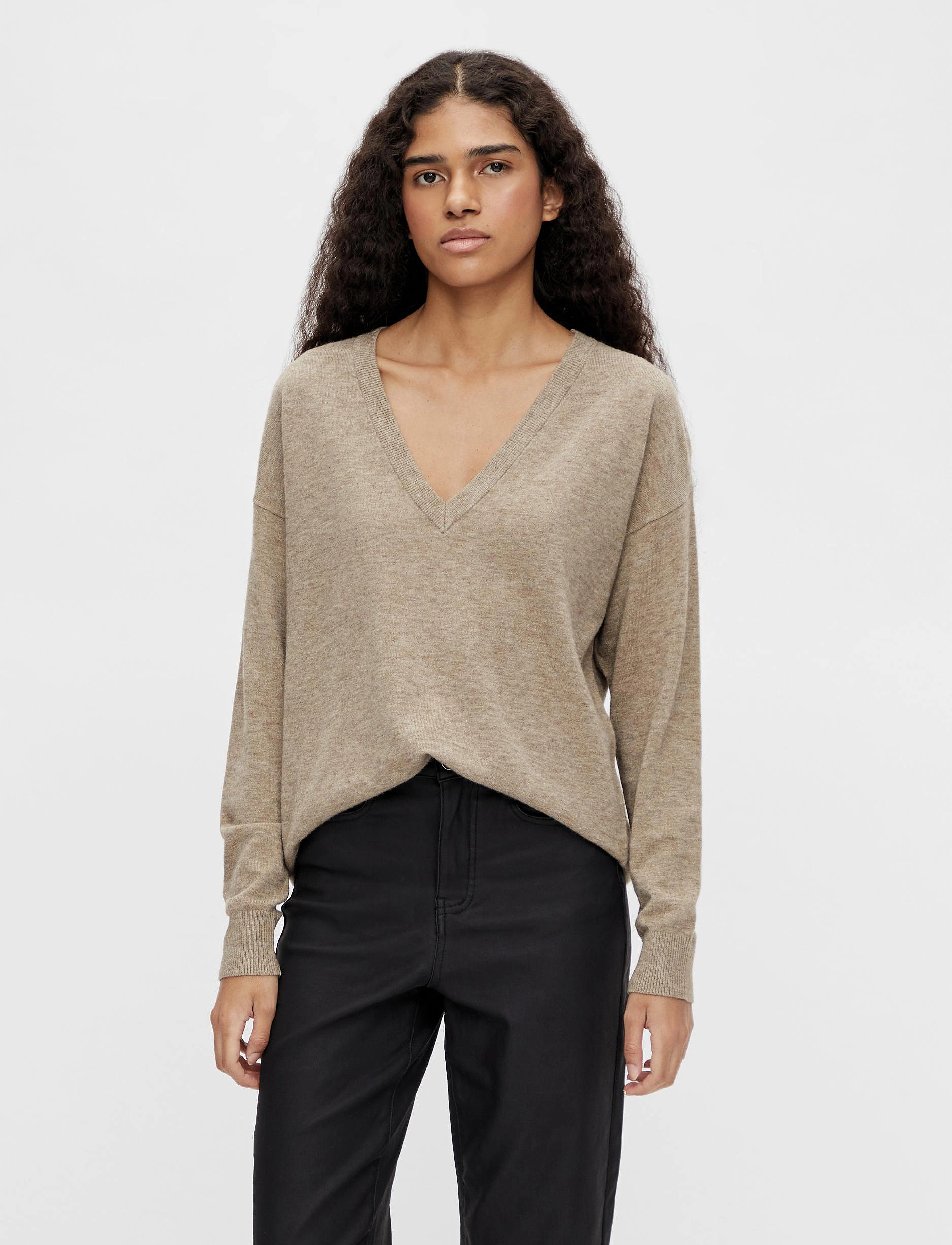 Object - OBJTHESS L/S V-NECK KNIT PULLOVER NOOS - swetry - fossil - 0