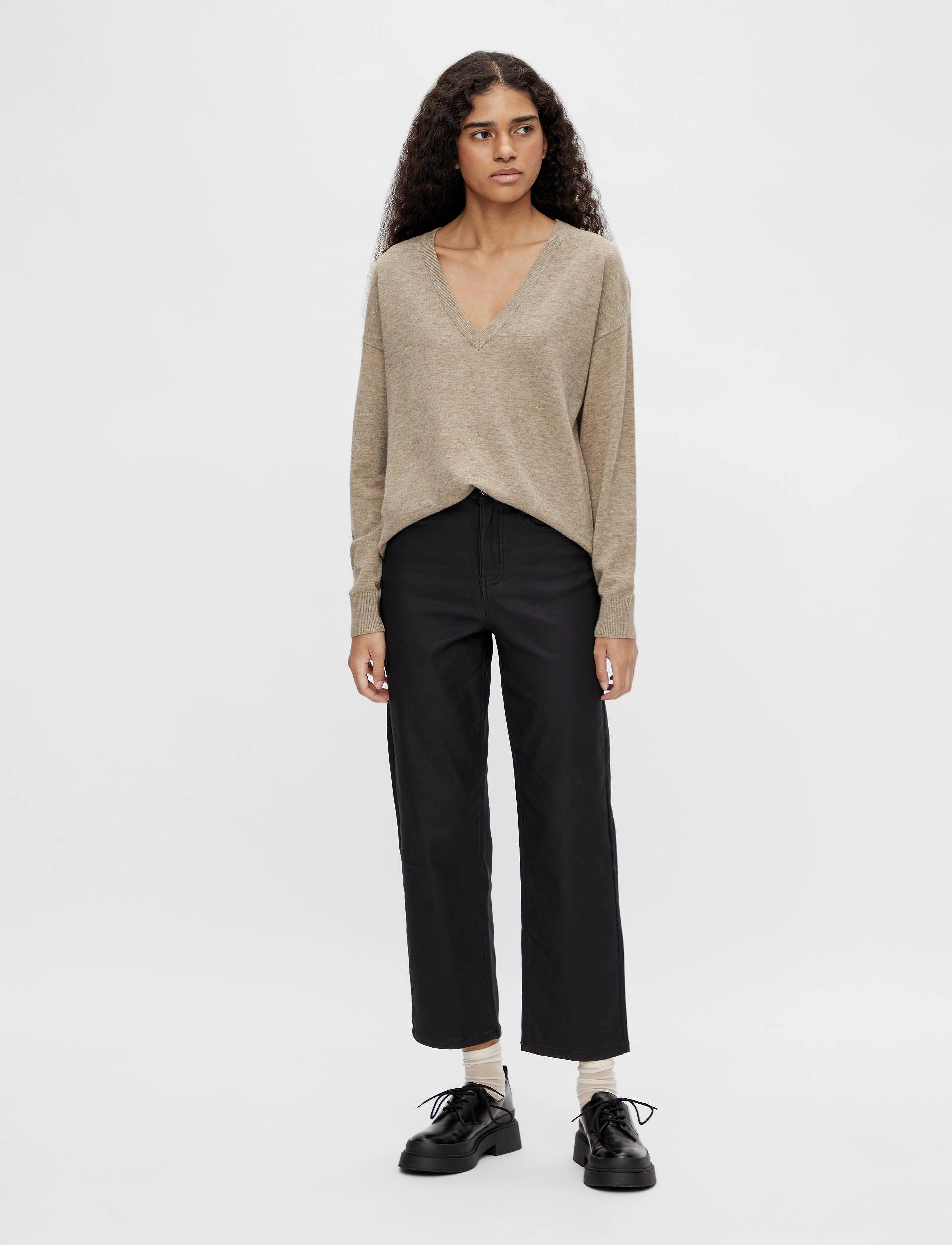 Object - OBJTHESS L/S V-NECK KNIT PULLOVER NOOS - swetry - fossil - 4