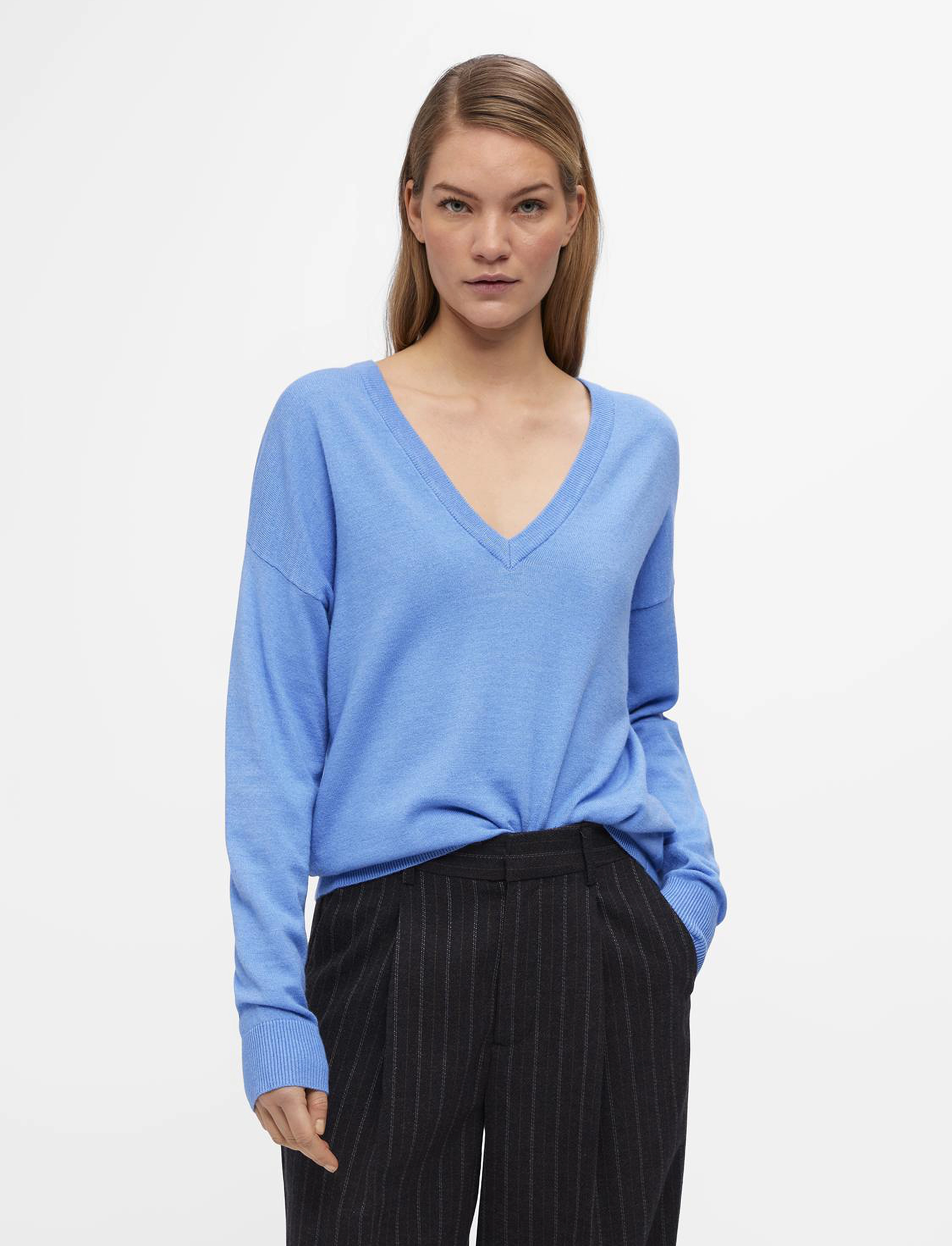 Object Objthess L/S V-Neck Knit Pullover Noos, XS, Knitwear, Blau - Jumpers, Frauen