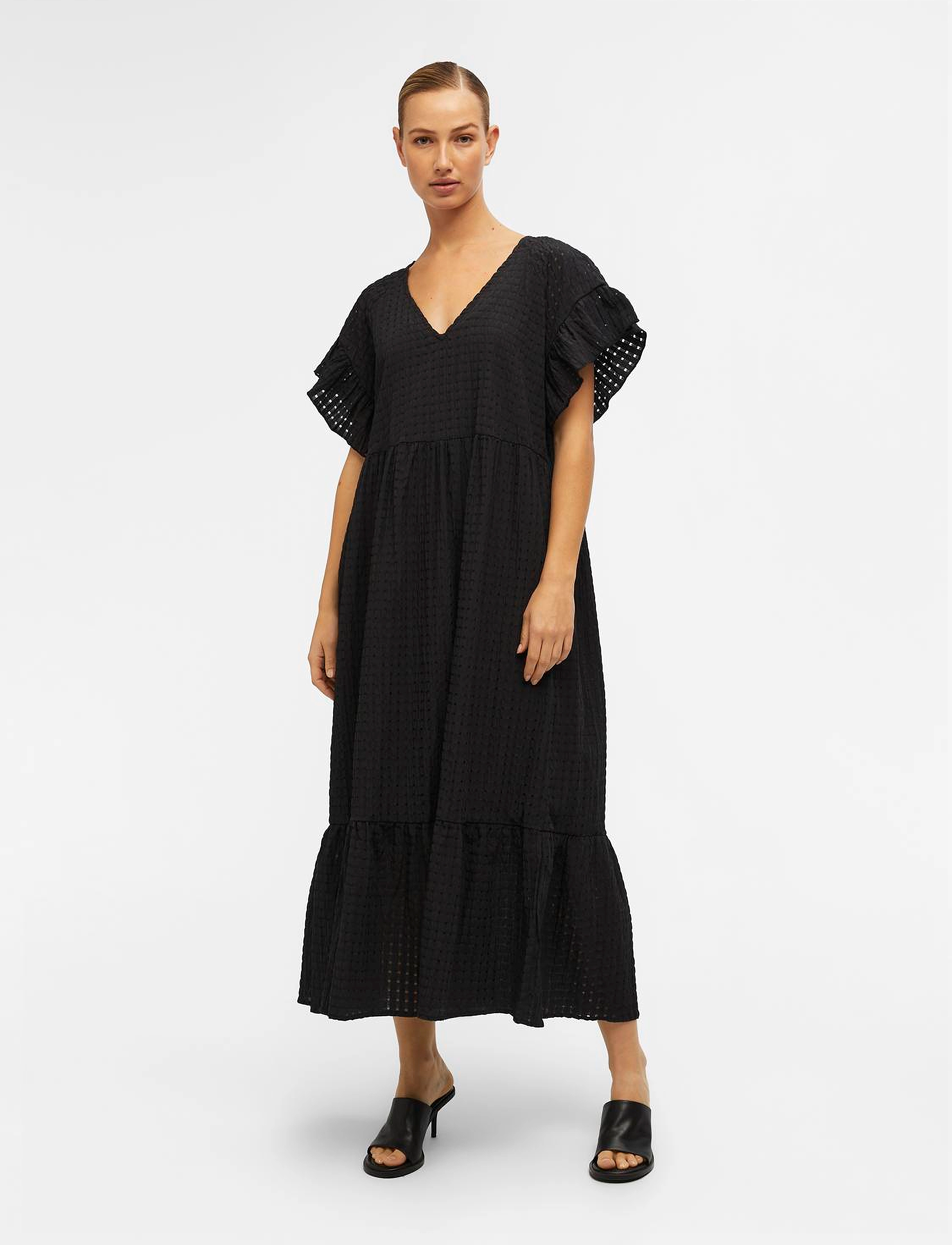 Object Objvita S/S Long Dress Rep, 34, Dresses, Schwarz - Knee-length & Midi, Frauen