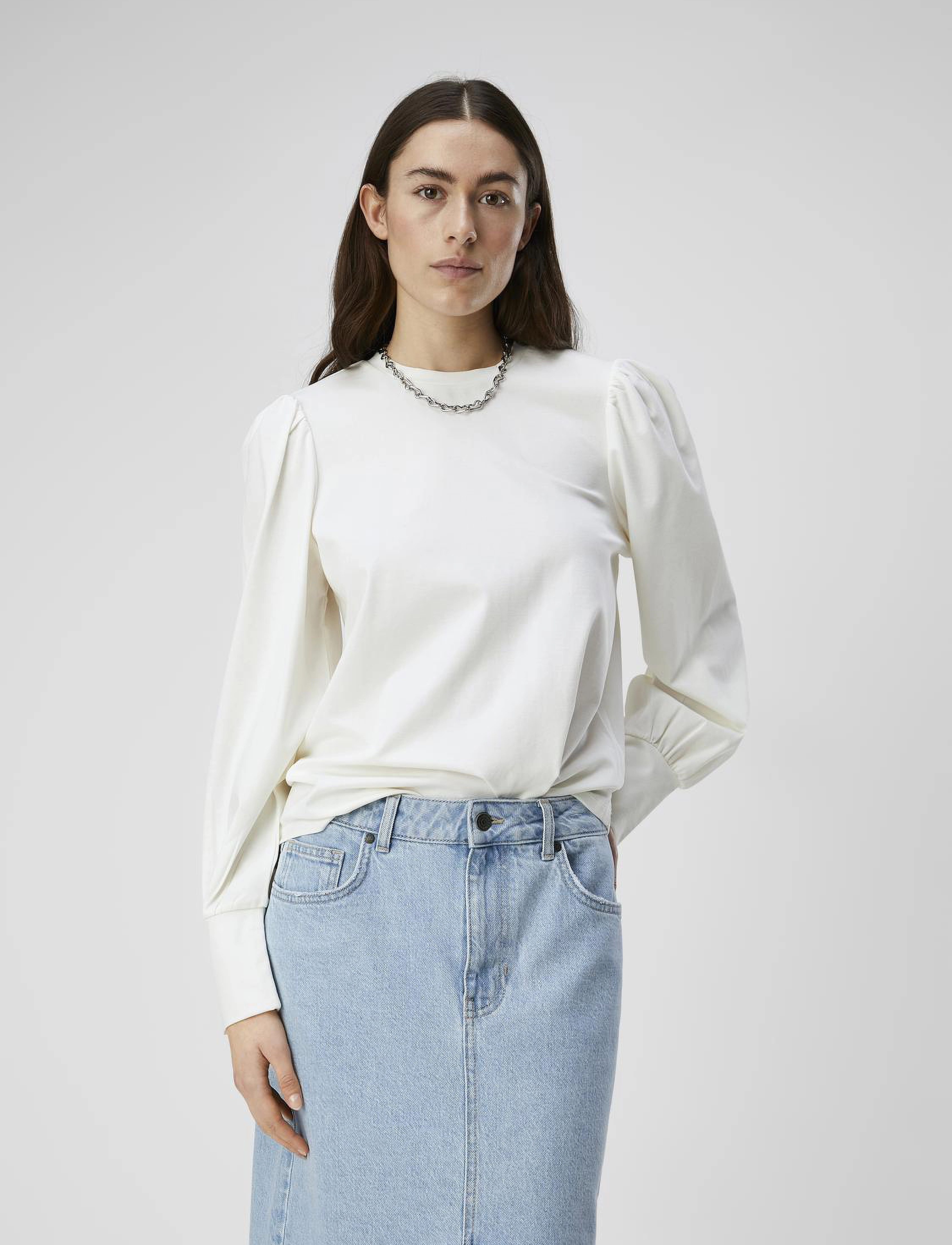 Object Objcaroline L/S Top Noos, S, White, Bluser > Langærmede, Dame