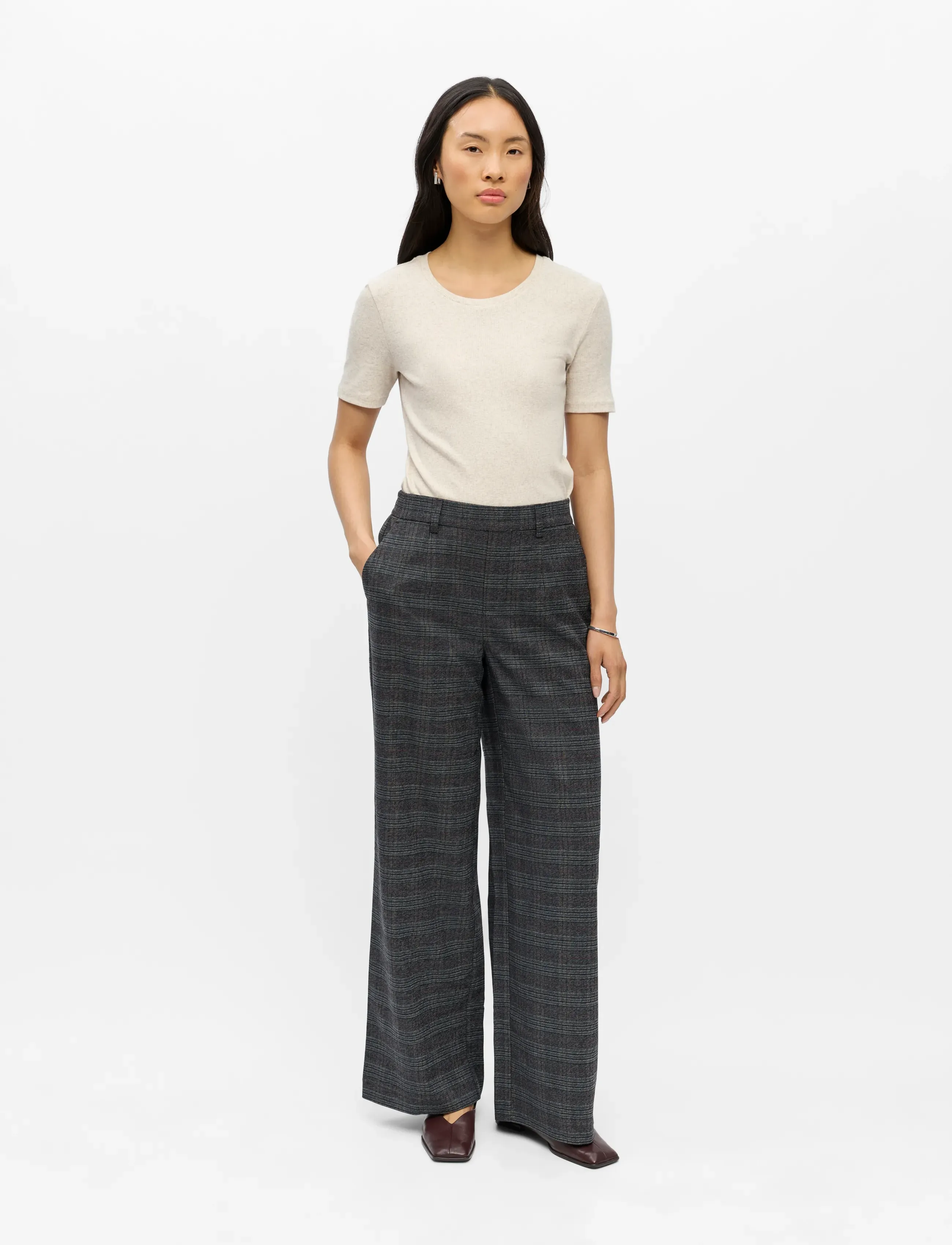 Object Objlisa Wide Pant Aop Noos, Kvinder, Vide Bukser med Elastiktalje, Grå, Str: 42