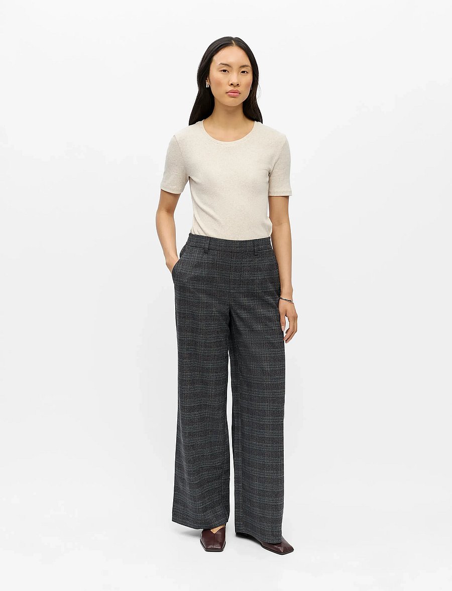 Object - OBJLISA WIDE PANT AOP NOOS - hosen mit weitem bein - dark grey melange - 0