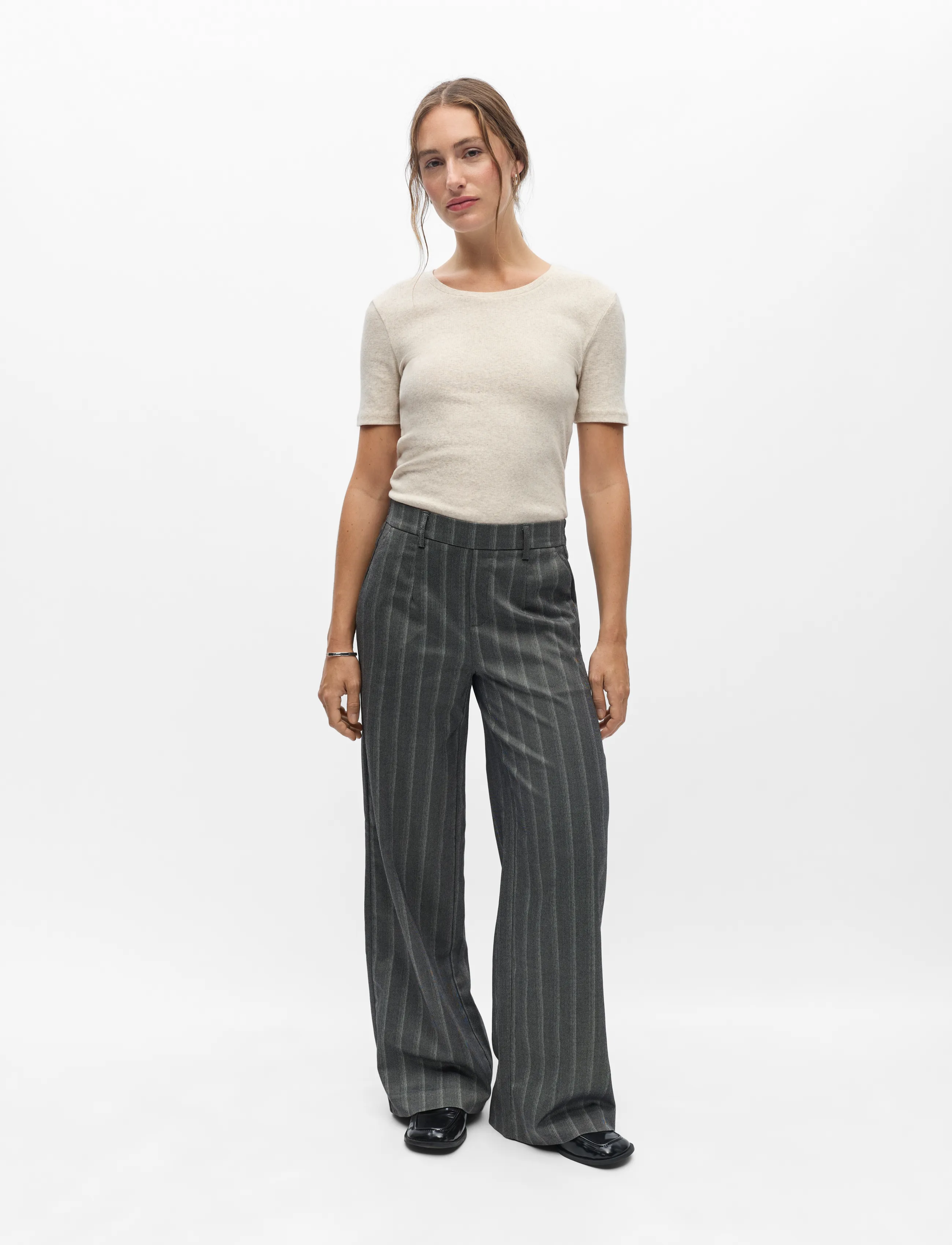 Object Objlisa Wide Pant Aop Noos, Kvinder, Vide Bukser med Elastiktalje, Grå, Str: 40