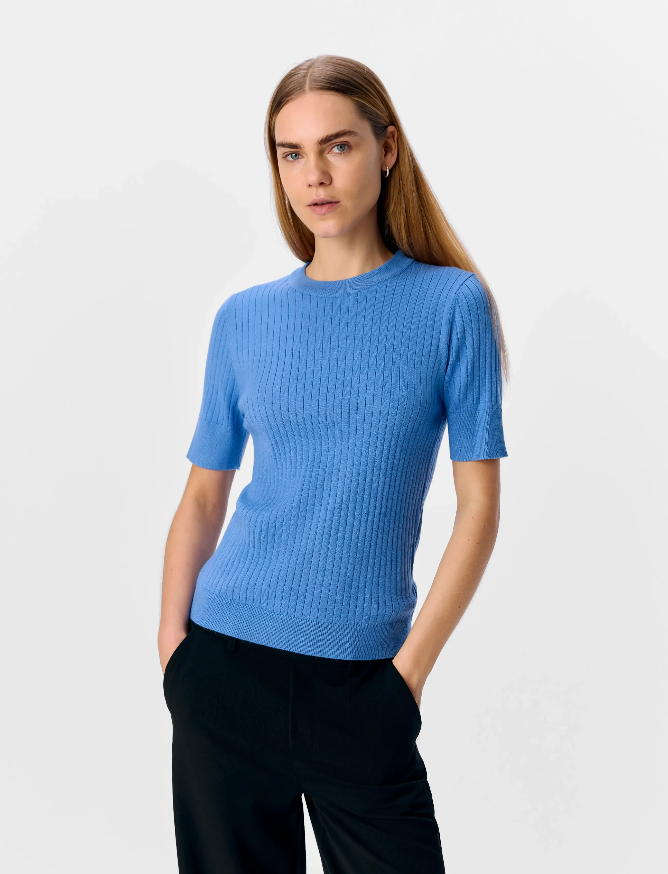 Object Objnoelle S/S Knit T-Shirt Noos, S, Blue, T-Shirts & Toppe > Kortærmede, Dame
