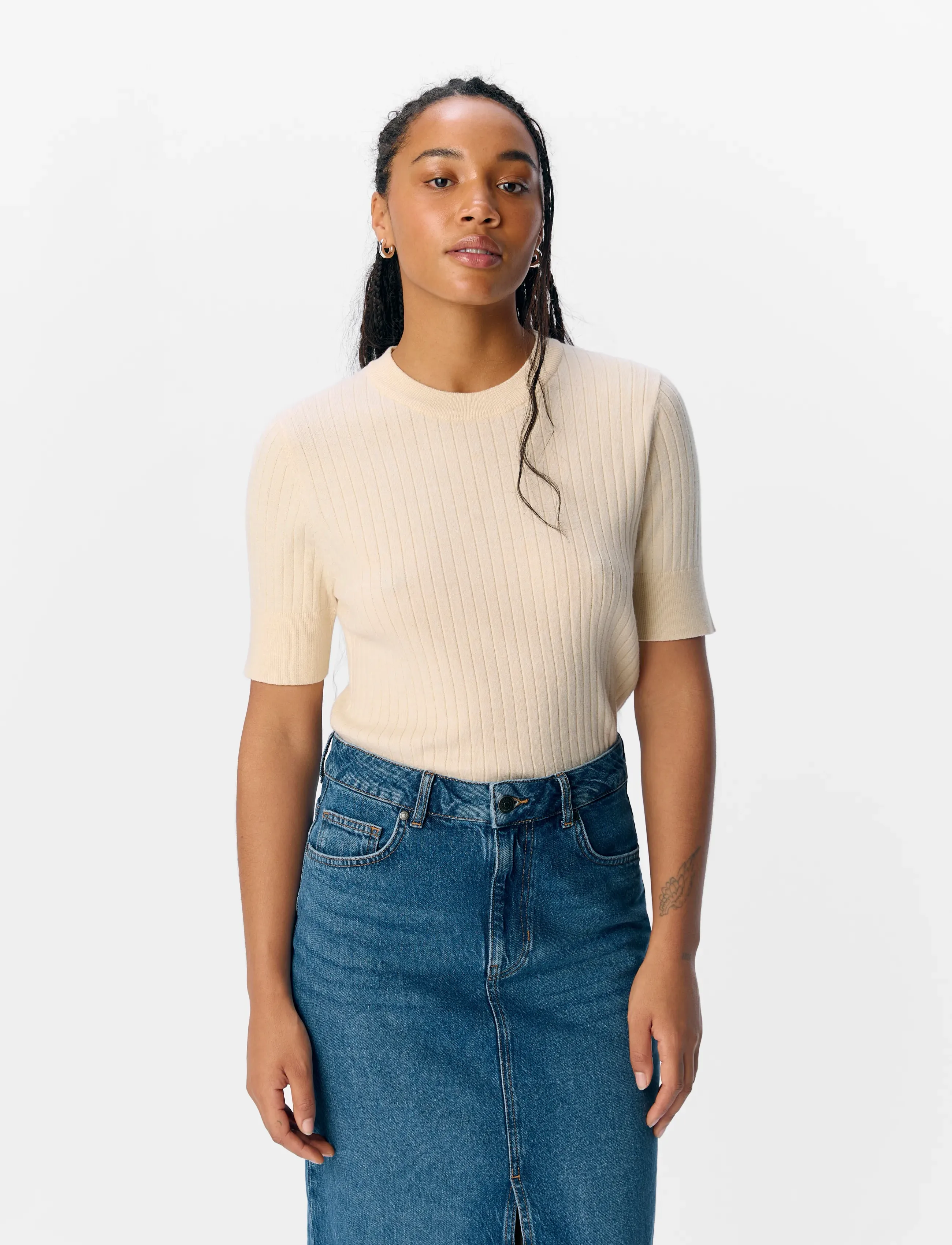 Object Objnoelle S/S Knit T-Shirt Noos, XS, Beige, T-Shirts & Toppe > Kortærmede, Dame
