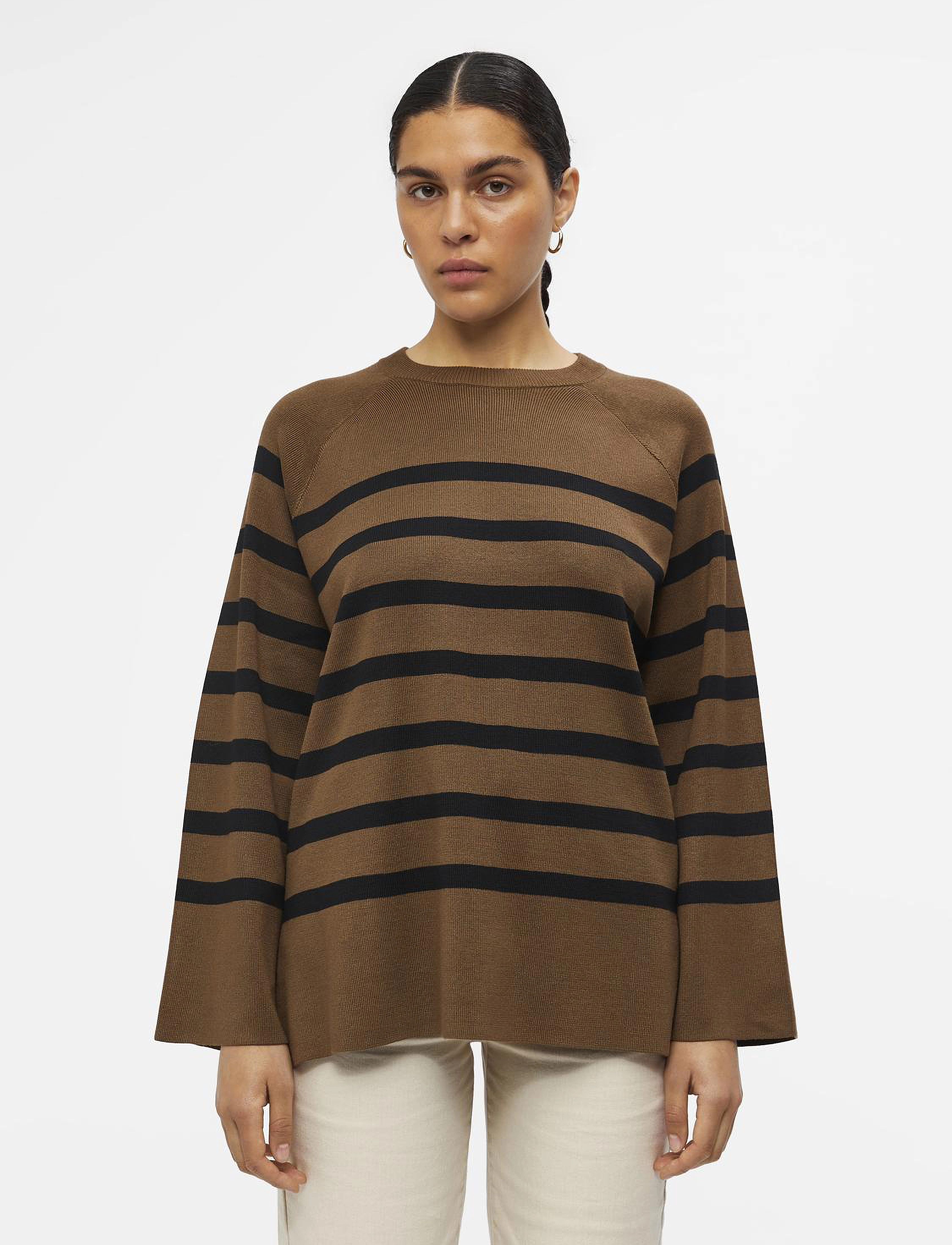 Object Objester Ls Knit Top Noos, Kvinder, Langærmet Stribet Strikket Top, Brun, Str: XS