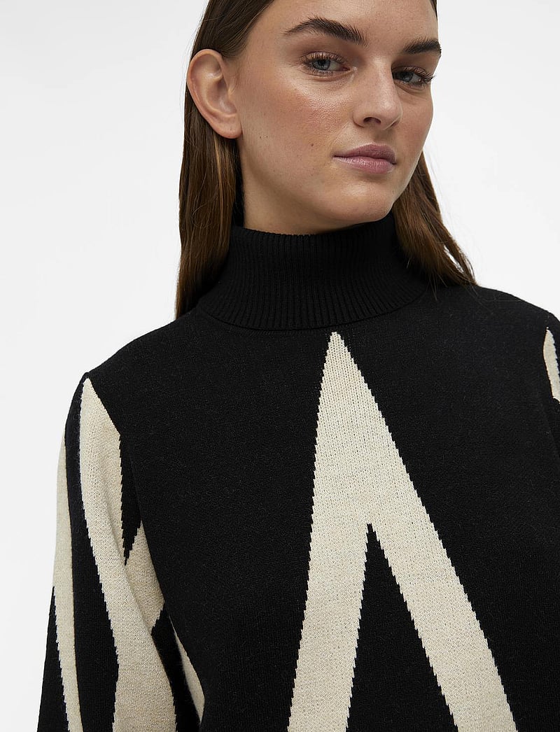 Object - OBJRAY L/S KNIT ROLLNECK DRESS AOP NOOS - kootud kleidid - black - 5