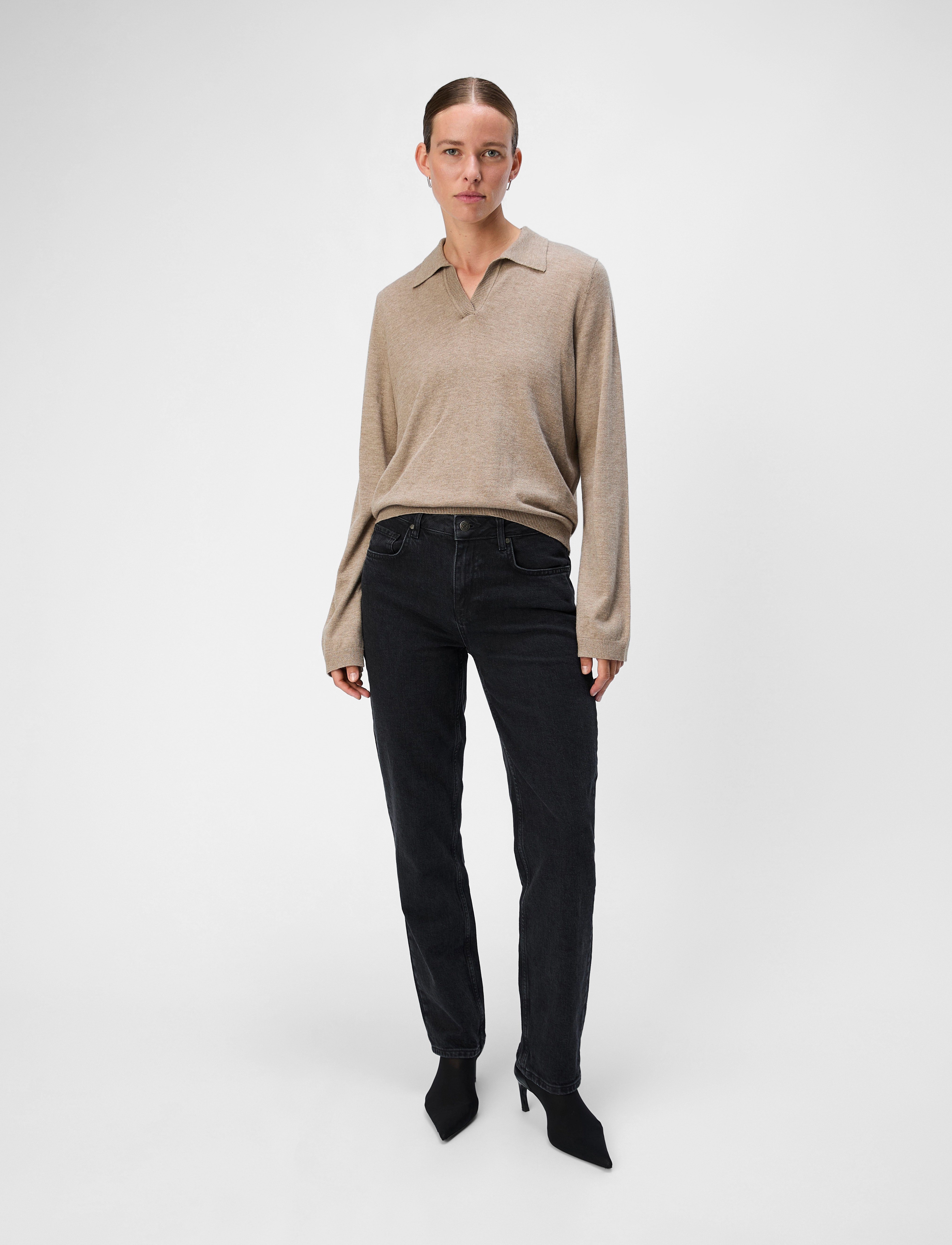 Object - OBJTHESS L/S V-NECK KNIT POLO NOOS - fossil - 4