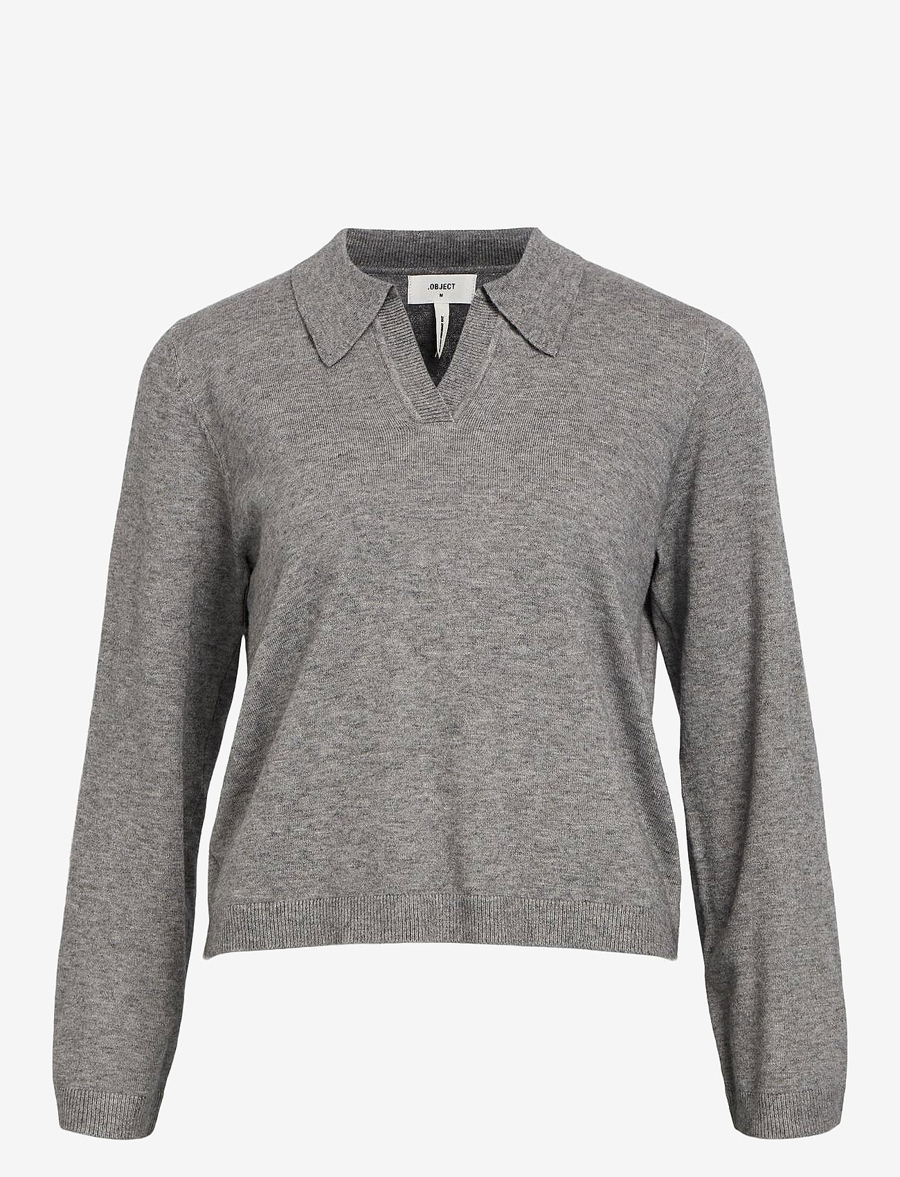 Object - OBJTHESS L/S V-NECK KNIT POLO NOOS - medium grey melange - 1