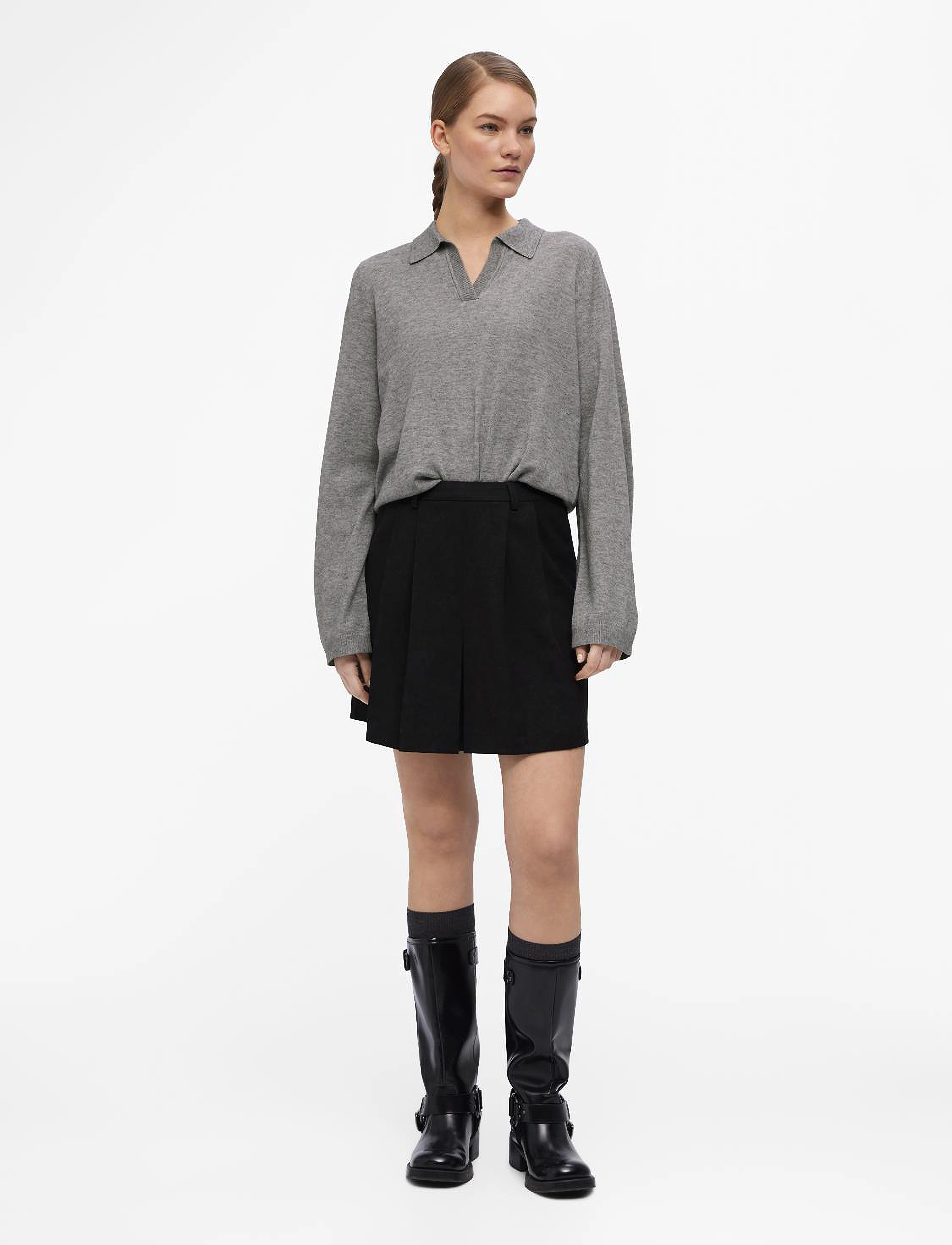 Object - OBJTHESS L/S V-NECK KNIT POLO NOOS - medium grey melange - 3
