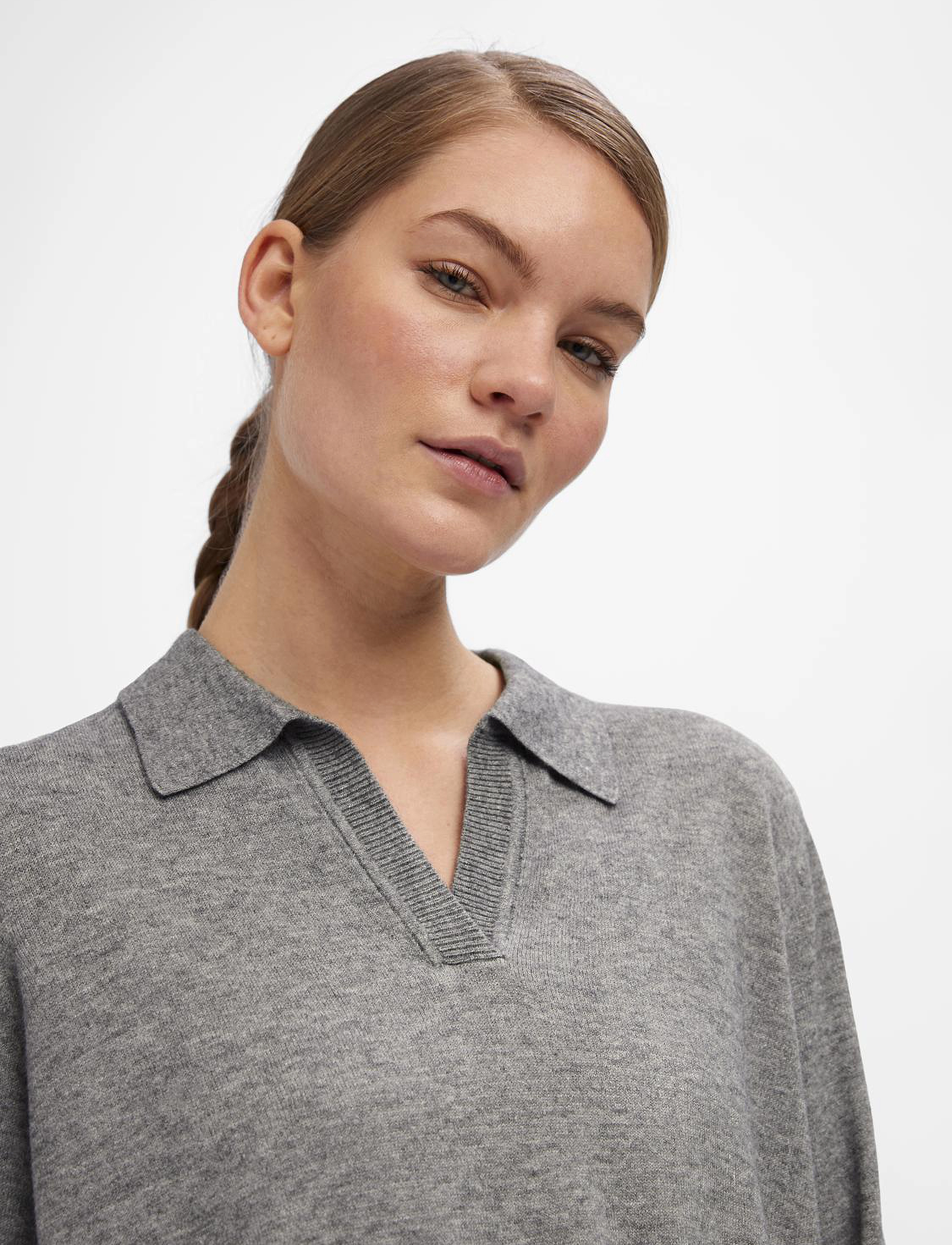 Object - OBJTHESS L/S V-NECK KNIT POLO NOOS - medium grey melange - 4