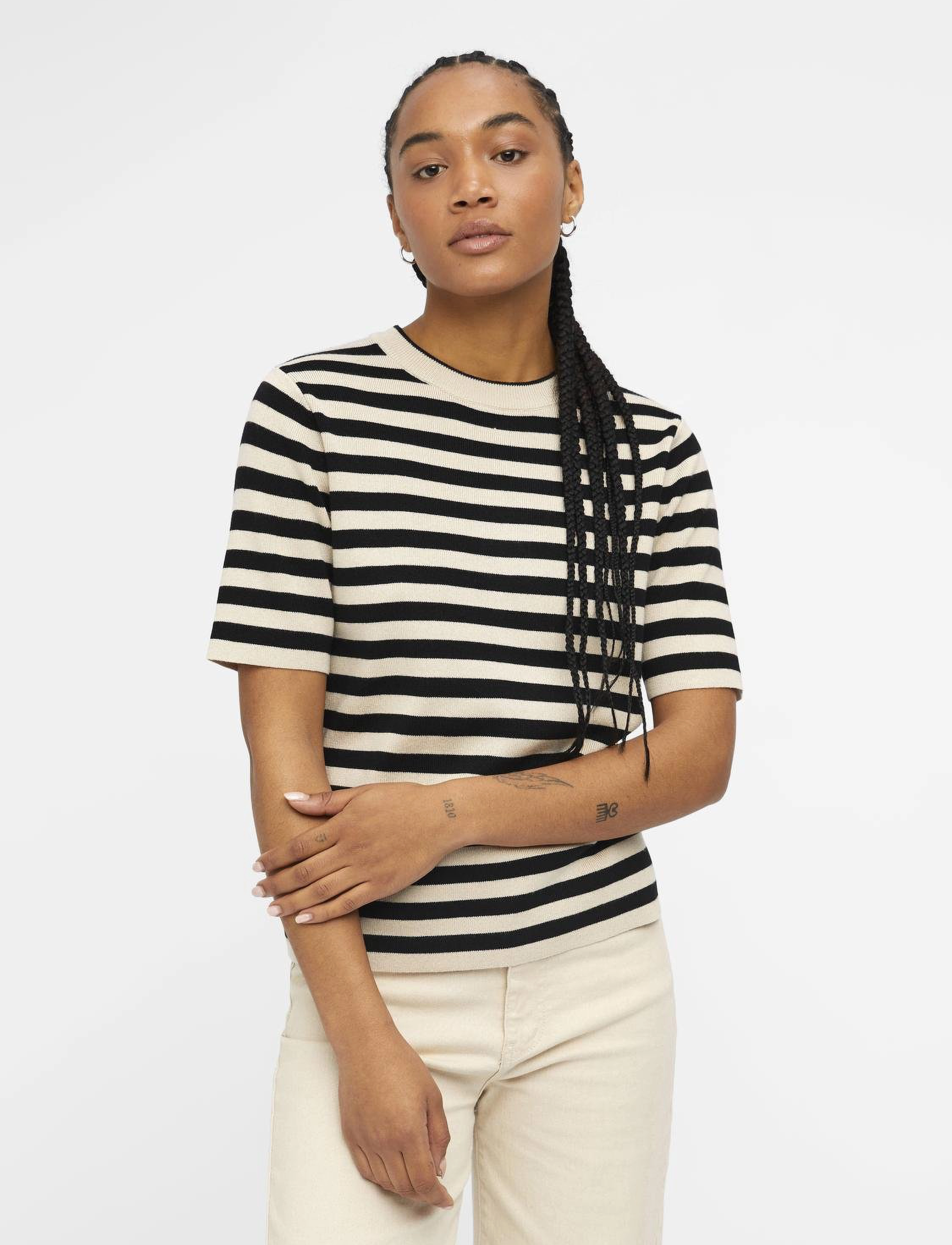 Object Objester S/S New Knit Pullover Noos, Kvinder, Kortærmet Stribet Strikket Pullover, Beige, Str: XS