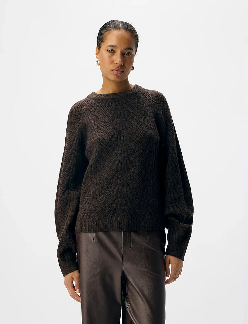 Object - OBJFLORA RE L/S KNIT PULLOVER NOOS - megztiniai - seal brown - 0