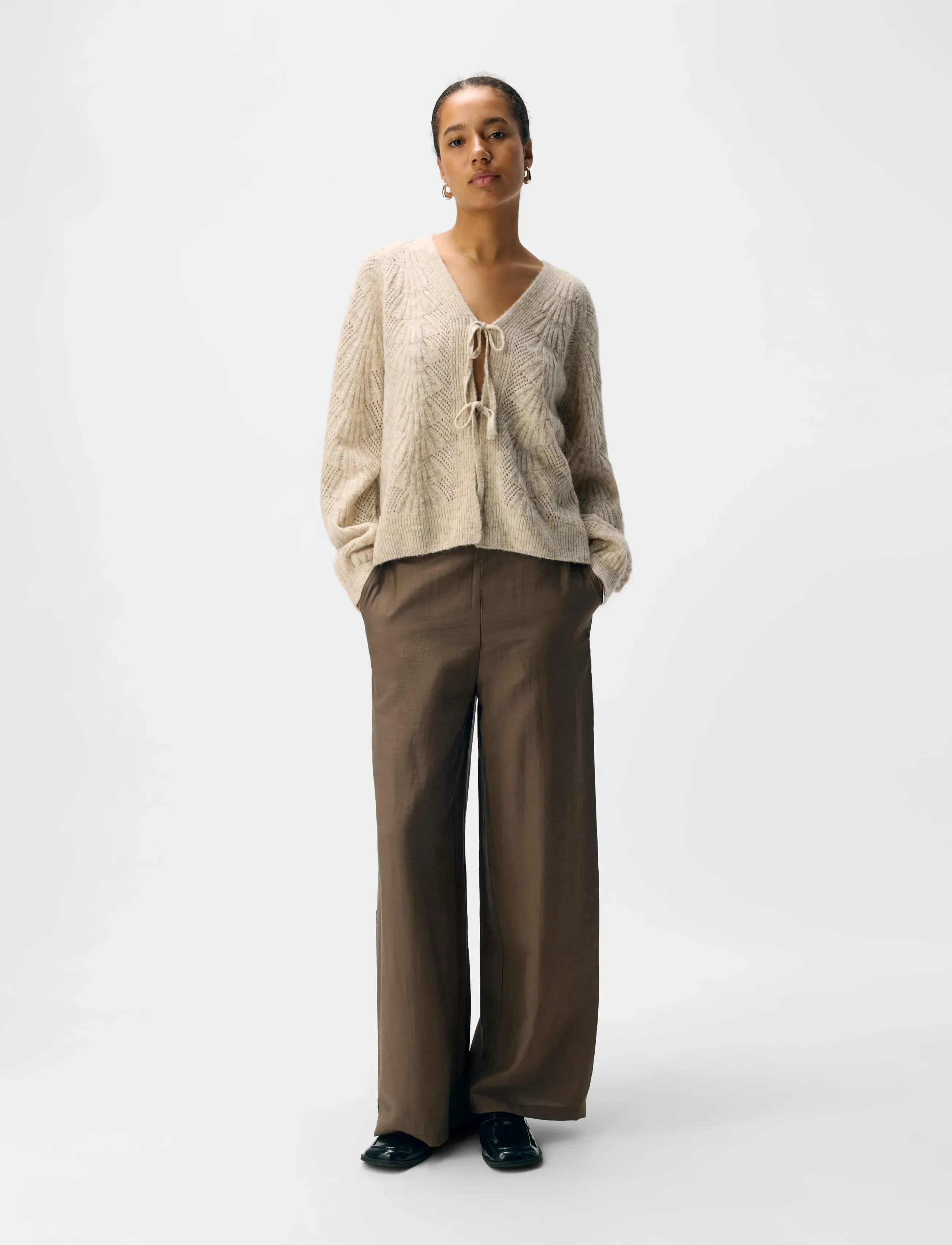 Object Objflora Re L/S Knit Cardigan Noos, Kvinder, Strikket Cardigan Med Bindebånd, Grå, Str: S