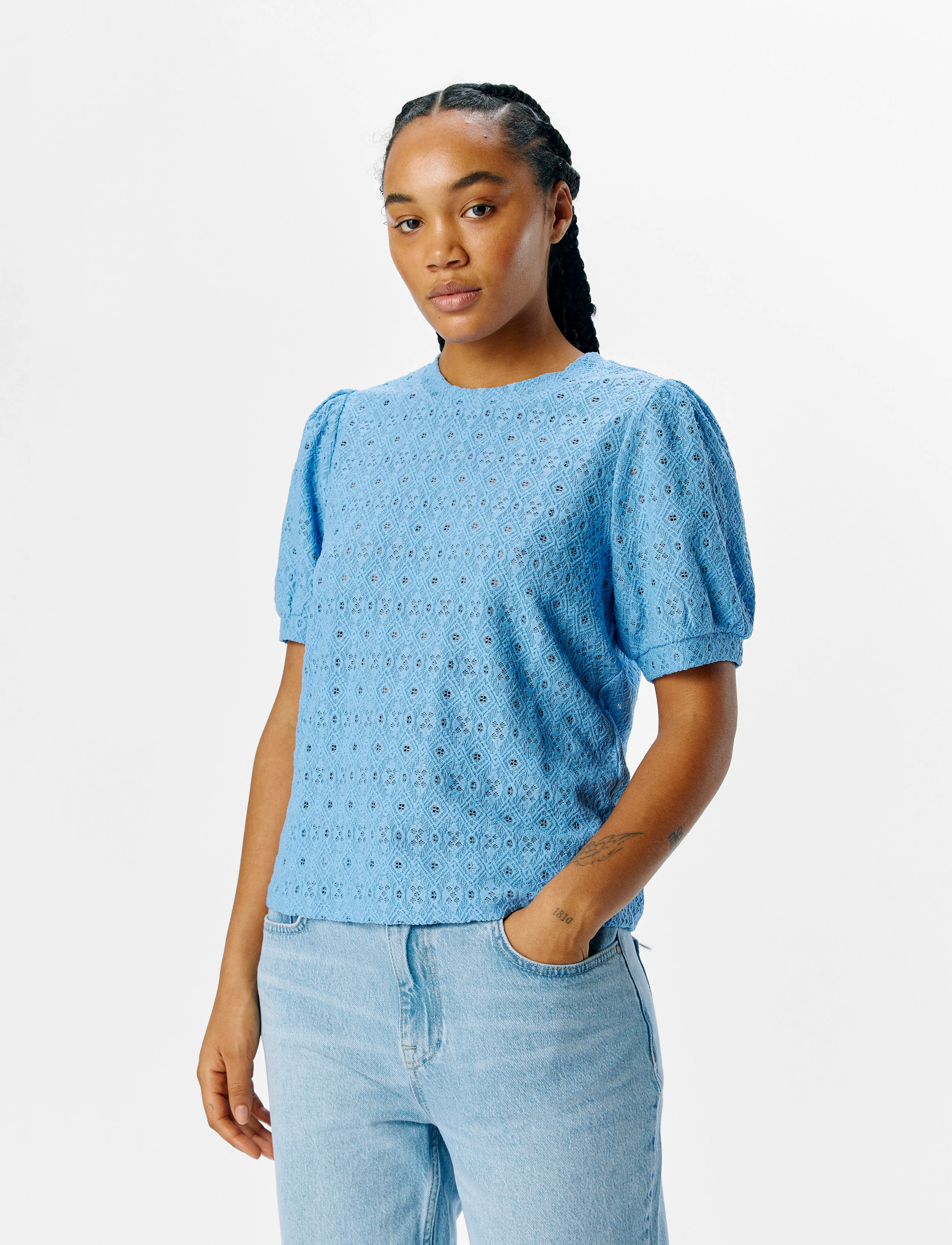 Object Objlaila S/S Re Top Noos, Kvinder, Pufærme Broderie Anglaise Top, Blå, Str: XS