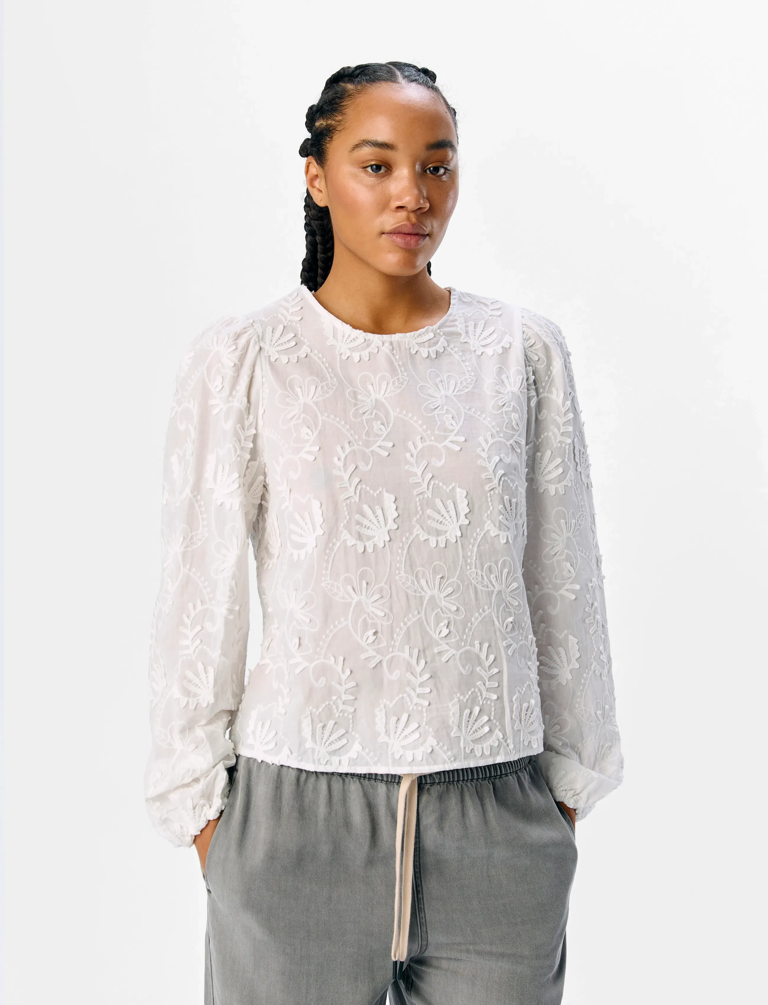 Object Objmya Re L/S Top Noos, Kvinder, Broderet Langærmet Bluse, Hvid, Str: 34