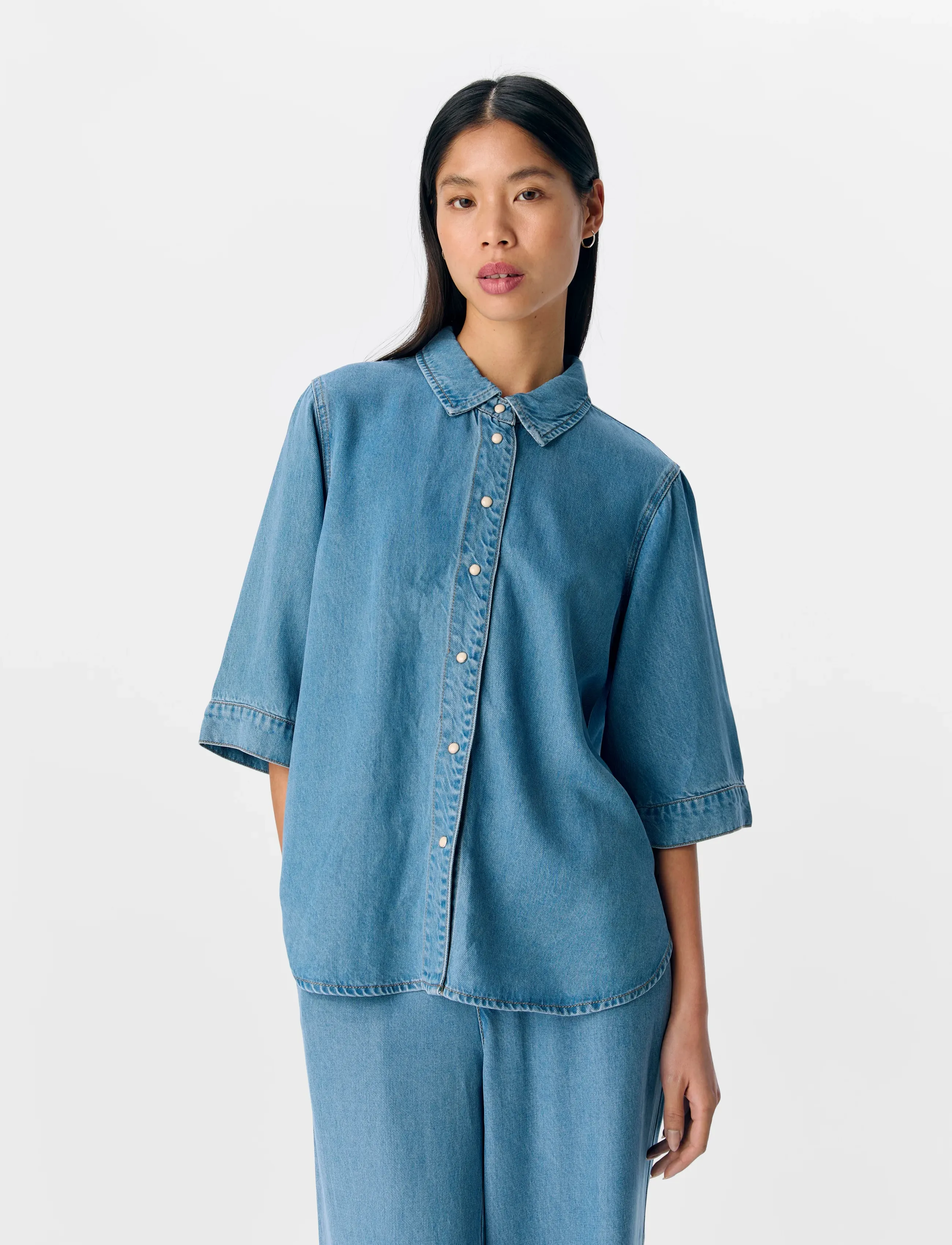 Object Objframe 2/4 Re Denim Shirt Noos, S, Blue, Skjorter > Kortærmede, Dame