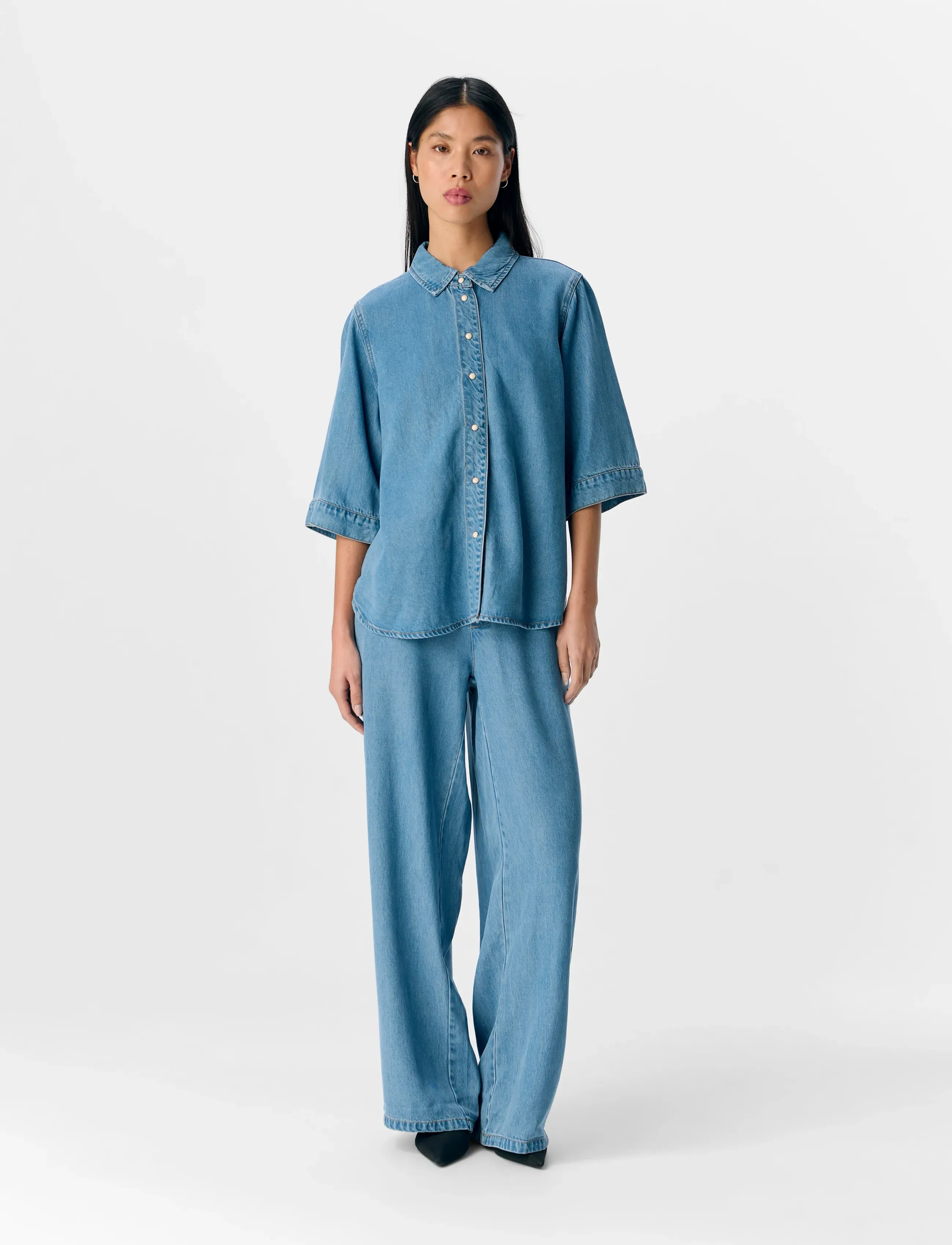 Object - OBJFRAME 2/4 RE DENIM SHIRT NOOS - kortärmade skjortor - light blue denim - 5