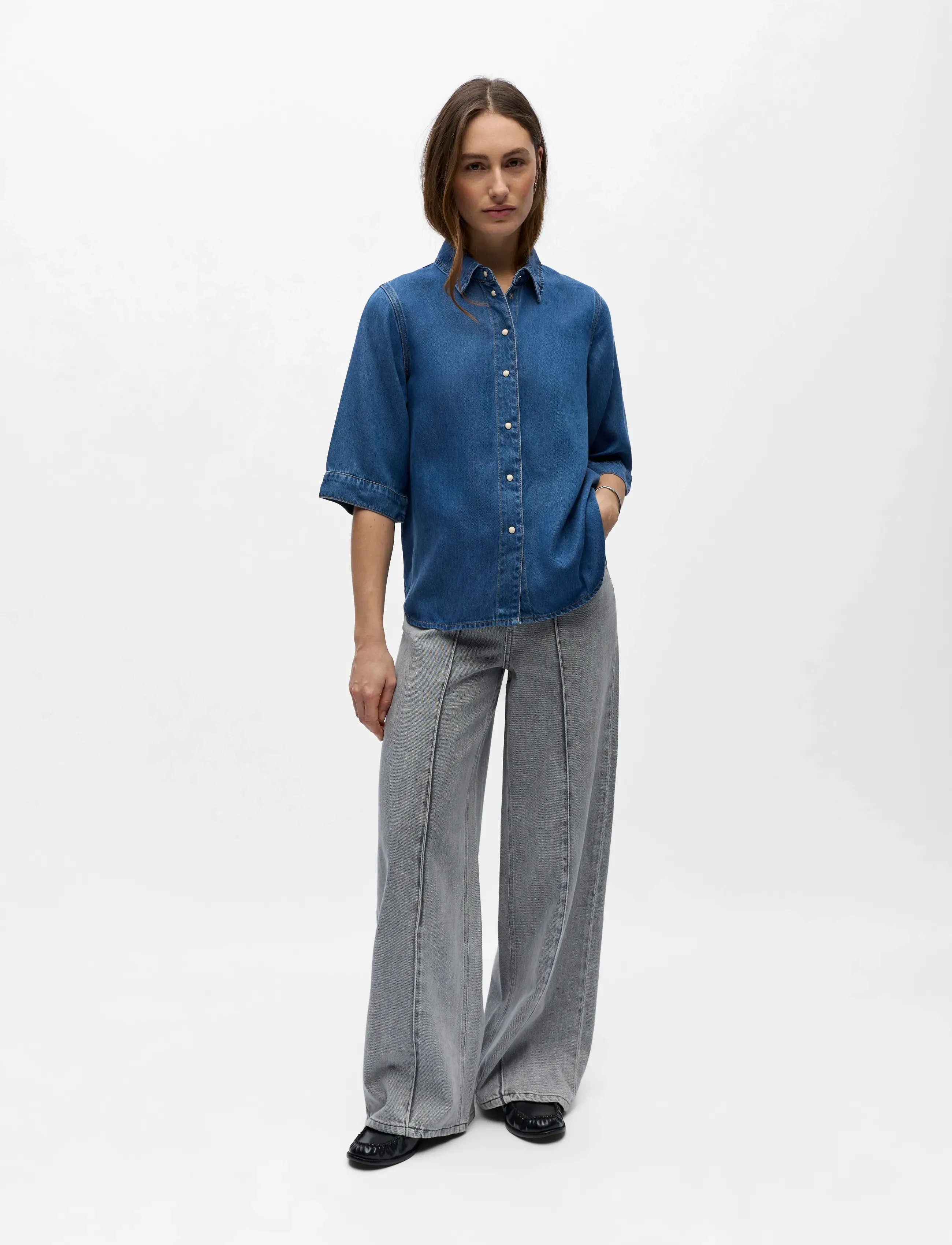 Object Objframe 2/4 Re Denim Shirt Noos, XS, Blue, Skjorter > Kortærmede, Dame