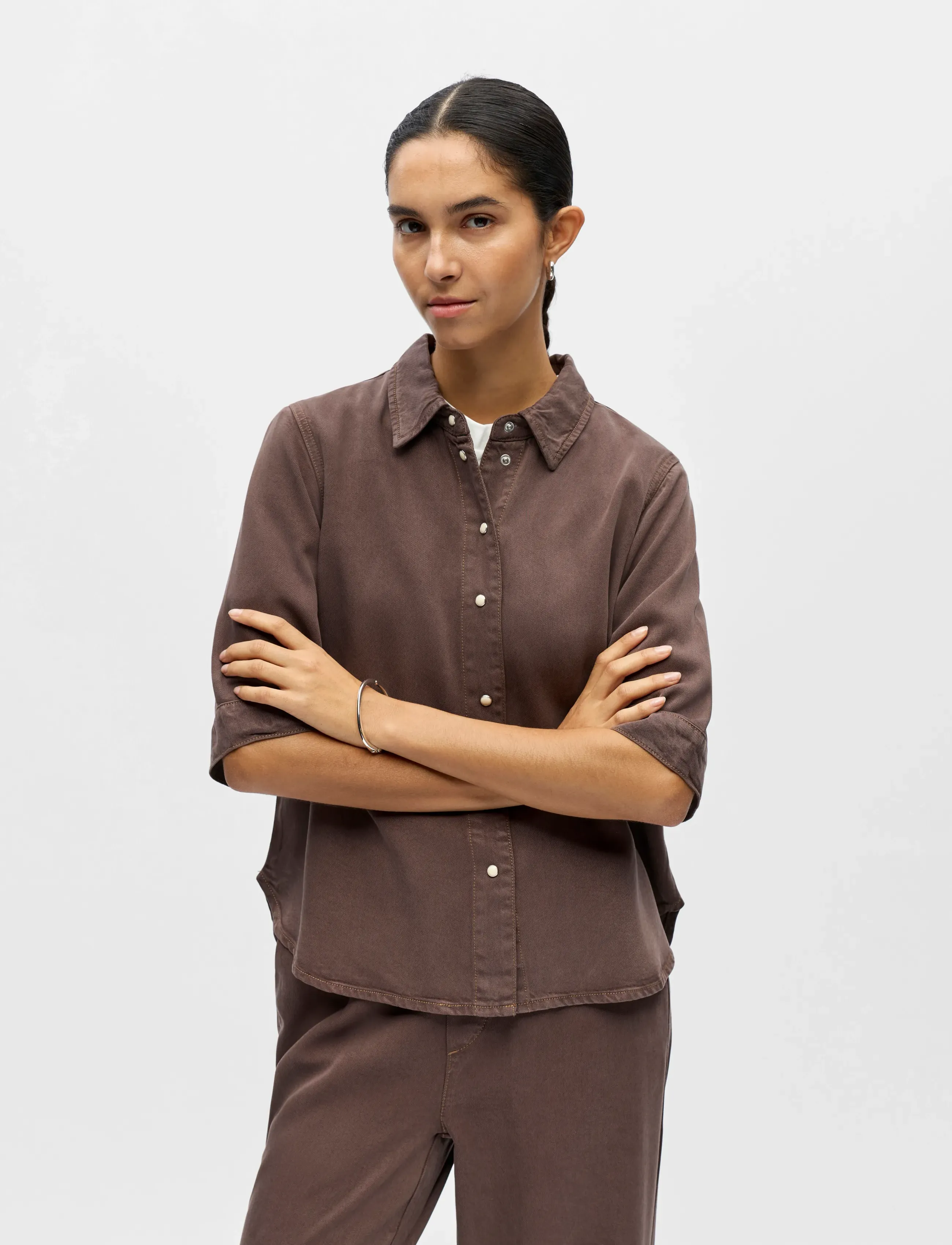 Object - OBJFRAME 2/4 RE DENIM SHIRT NOOS - kurzärmlige hemden - seal brown - 4