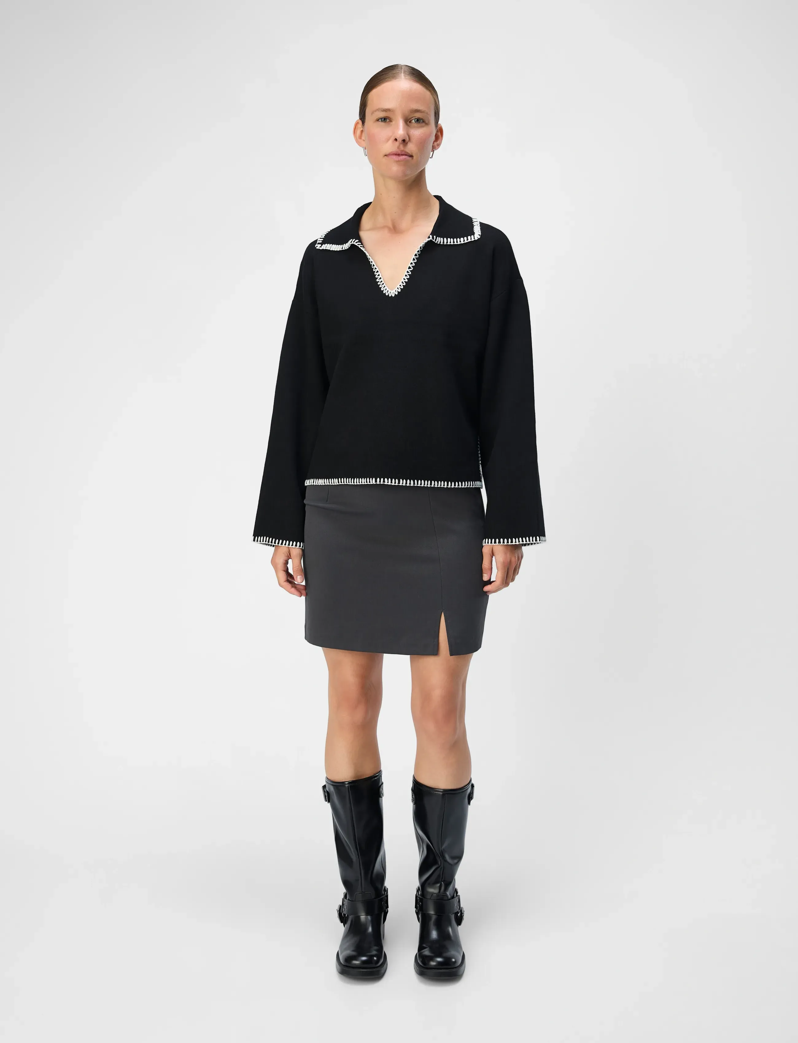 Object - OBJREYNARD LS V-NECK STICH PULLOVER DIV - tröjor - black - 4