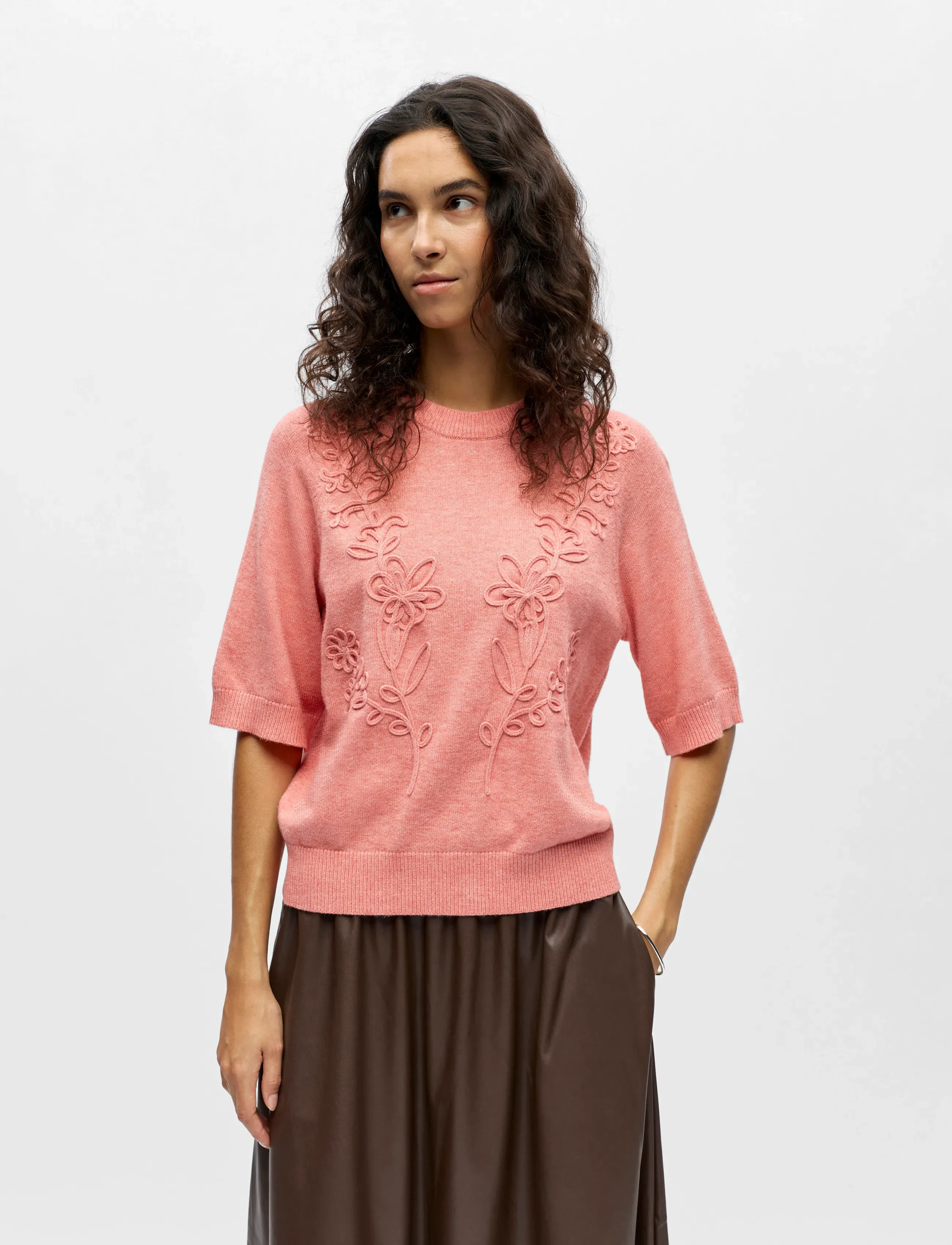 Object Objlaney Rubin Ss Pullover Noos, Kvinder, Blomsterbroderet Kortærmet Pullover, Pink, Str: XS