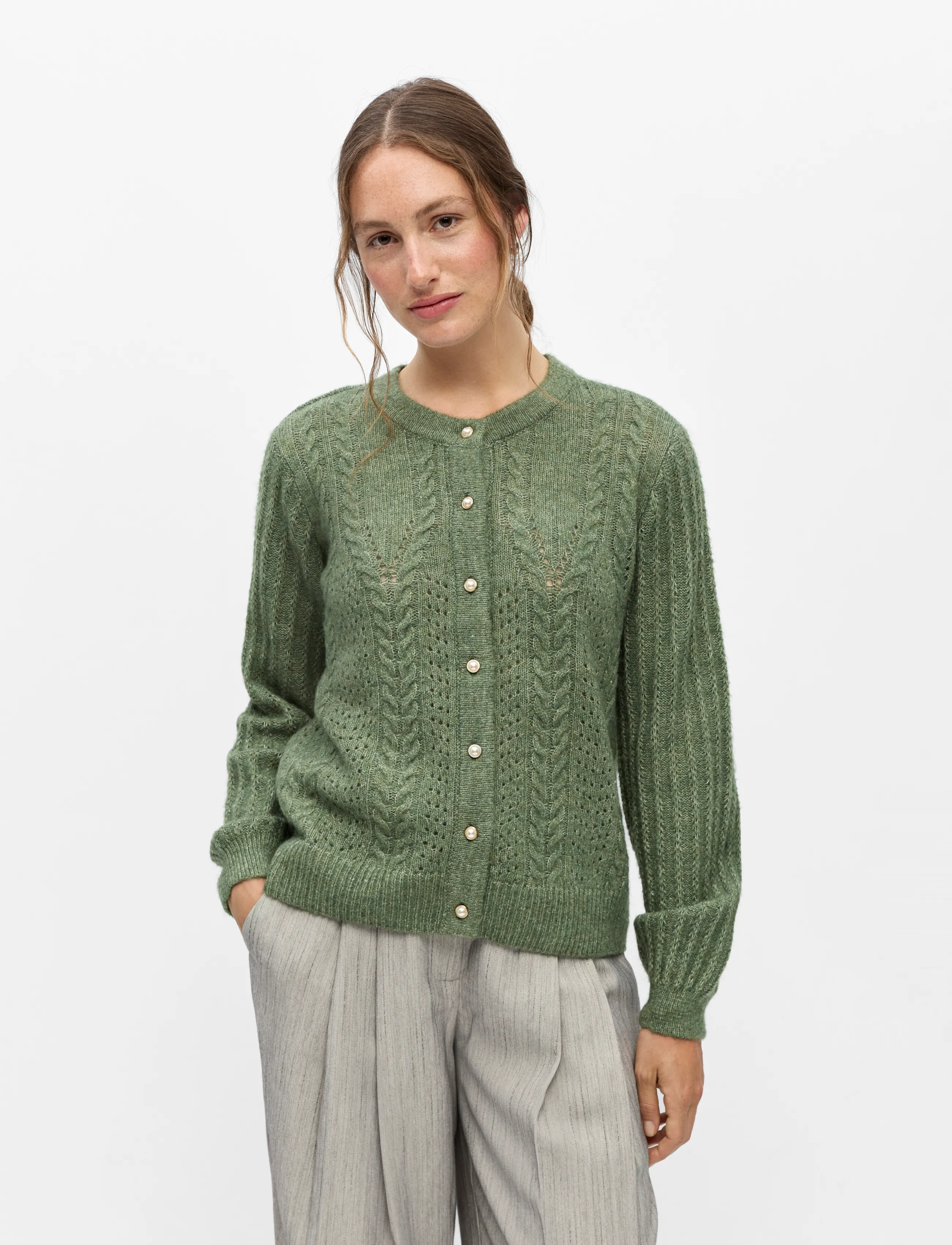 Object - OBJFLORA RE LS KNIT BUTTON CARDIGAN NOOS - cardigans - bronze green - 3