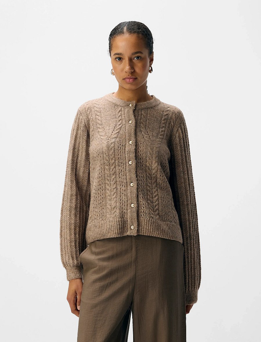 Object - OBJFLORA RE LS KNIT BUTTON CARDIGAN NOOS - strickjacken - desert taupe - 0